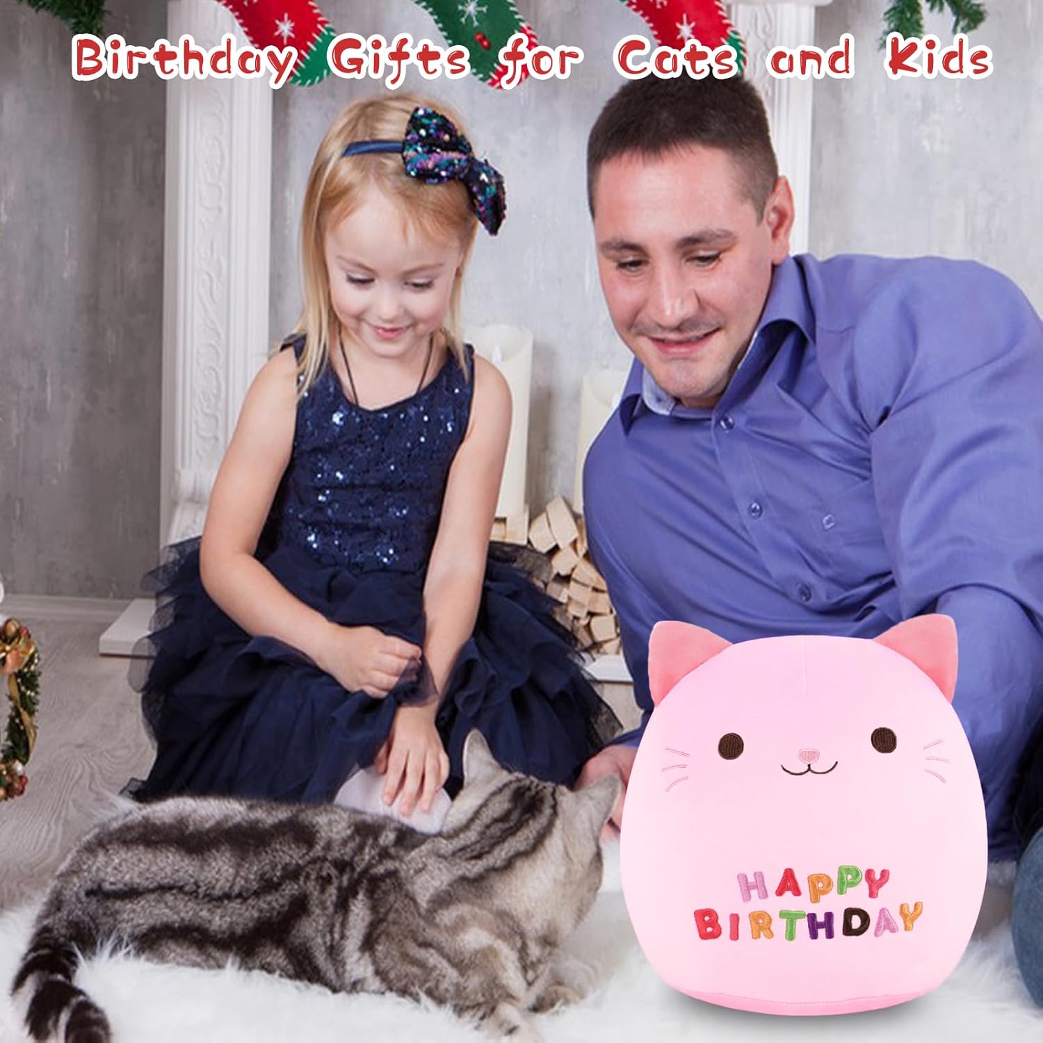 Almohada de felpa de cumpleaños de gato de 9 pulgadas, lindo juguete de peluche de cumpleaños de gato rosa, decoración de fiesta de cumpleaños,