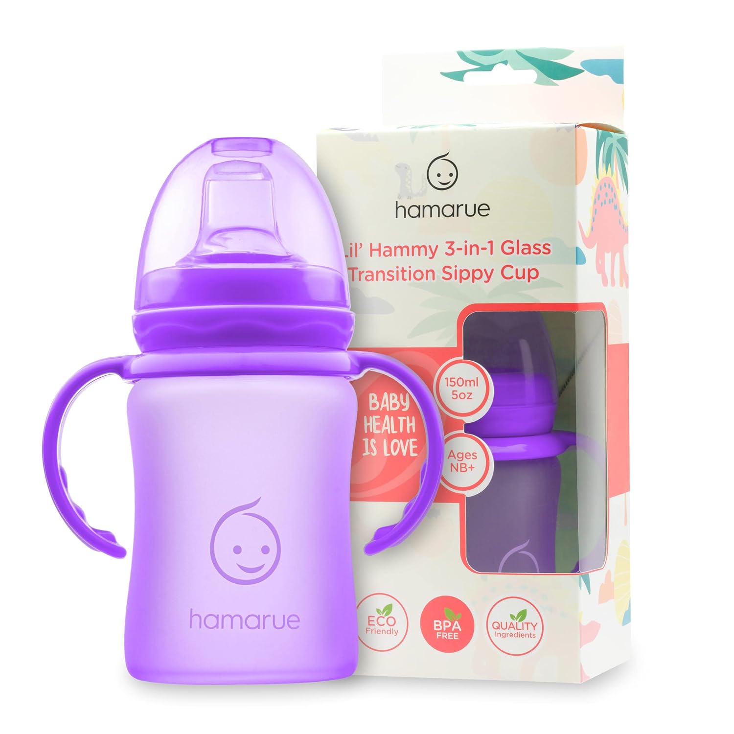 Hamarue Vasos de vidrio 3 en 1 para niños pequeños  Biberones de vidrio recubierto de silicona  Taza de transición no tóxica para bebé con asas