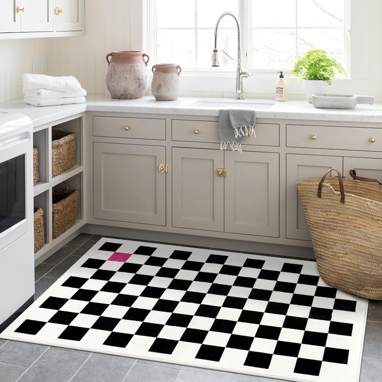 Wonnitar Alfombra de área lavable a cuadros de 3 x 5 pulgadas, antideslizante en blanco y negro, alfombra pequeña y moderna de enrejado bohemio para