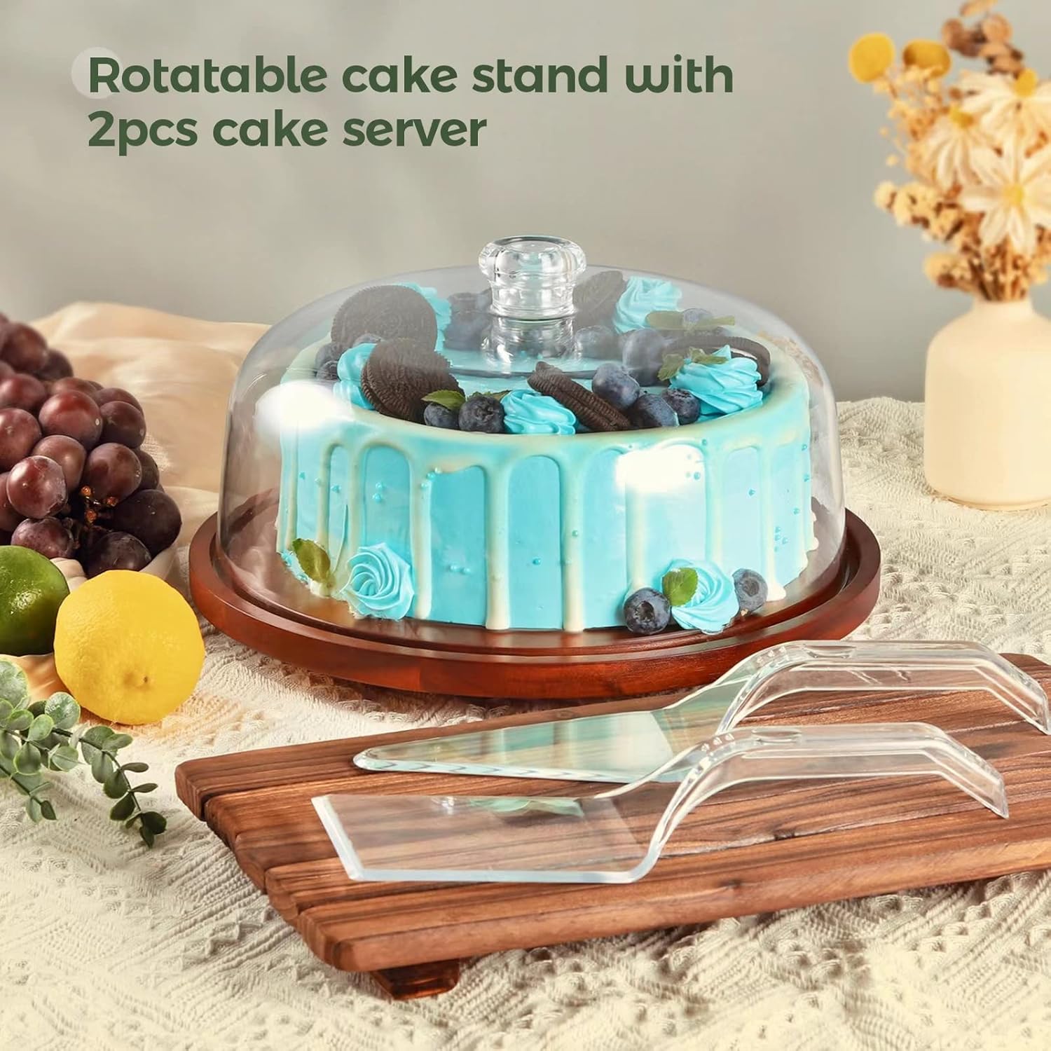 Soporte giratorio para tartas con cúpula, soporte de madera de acacia con tapa acrílica, soporte giratorio para tartas con cubierta transparente
