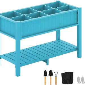 LUE BONA Cama de jardín elevada grande con herramientas y estante, 47 x 21 x 30 pulgadas, 8 bolsillos HDPS elevados para bricolaje con patas, sin LUE BONA Cama de jardín elevada grande con herramientas y estante, 47 x 21 x 30 pulgadas, 8 bolsillos HDPS elevados para bricolaje con patas, sin