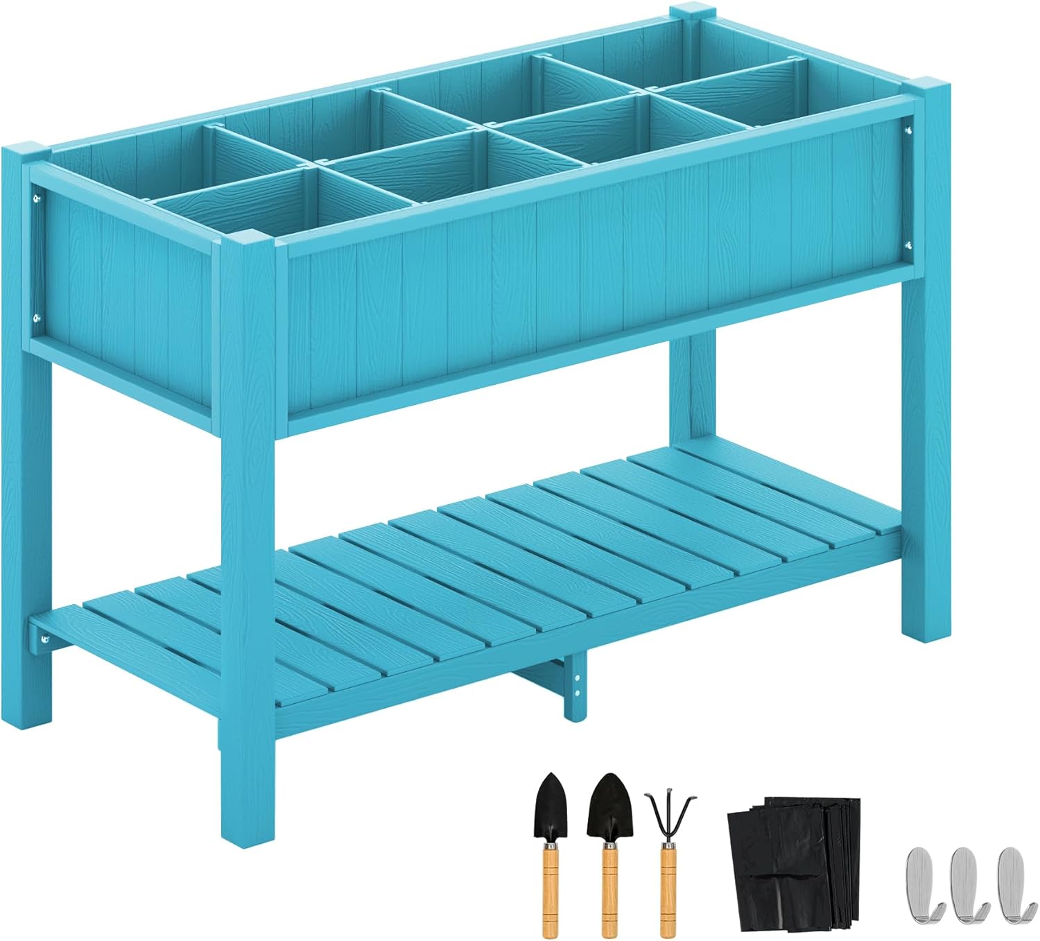 LUE BONA Cama de jardín elevada grande con herramientas y estante, 47 x 21 x 30 pulgadas, 8 bolsillos HDPS elevados para bricolaje con patas, sin