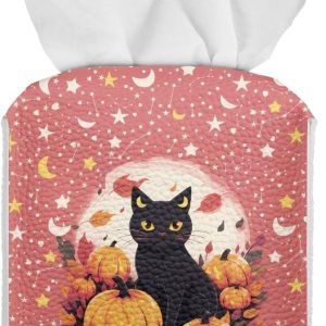 Caja de pañuelos con estampado de calabaza y gato, caja de pañuelos cuadrada con cinturón inferior, diseño de luna y estrella, dispensador de papel Caja de pañuelos con estampado de calabaza y gato, caja de pañuelos cuadrada con cinturón inferior, diseño de luna y estrella, dispensador de papel