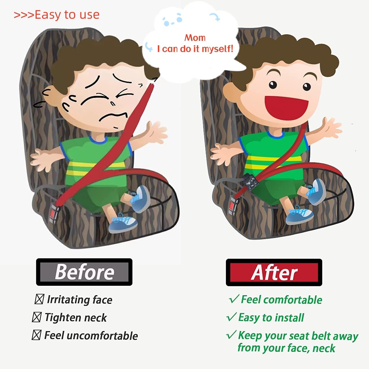 MYKOMI Clips para cinturón de seguridad, ajustador de cinturón de seguridad, cuero suave que no daña el pecho y el vientre (paquete de 2 unidades,