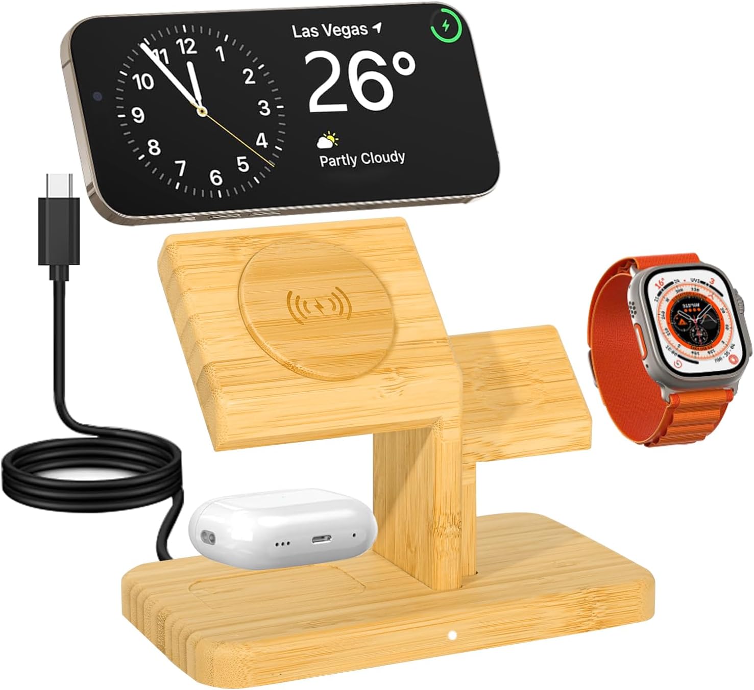 Estación de carga inalámbrica para dispositivos Apple, soporte de cargador de bambú 3 en 1, cargador inalámbrico magnético rápido de 20 W para