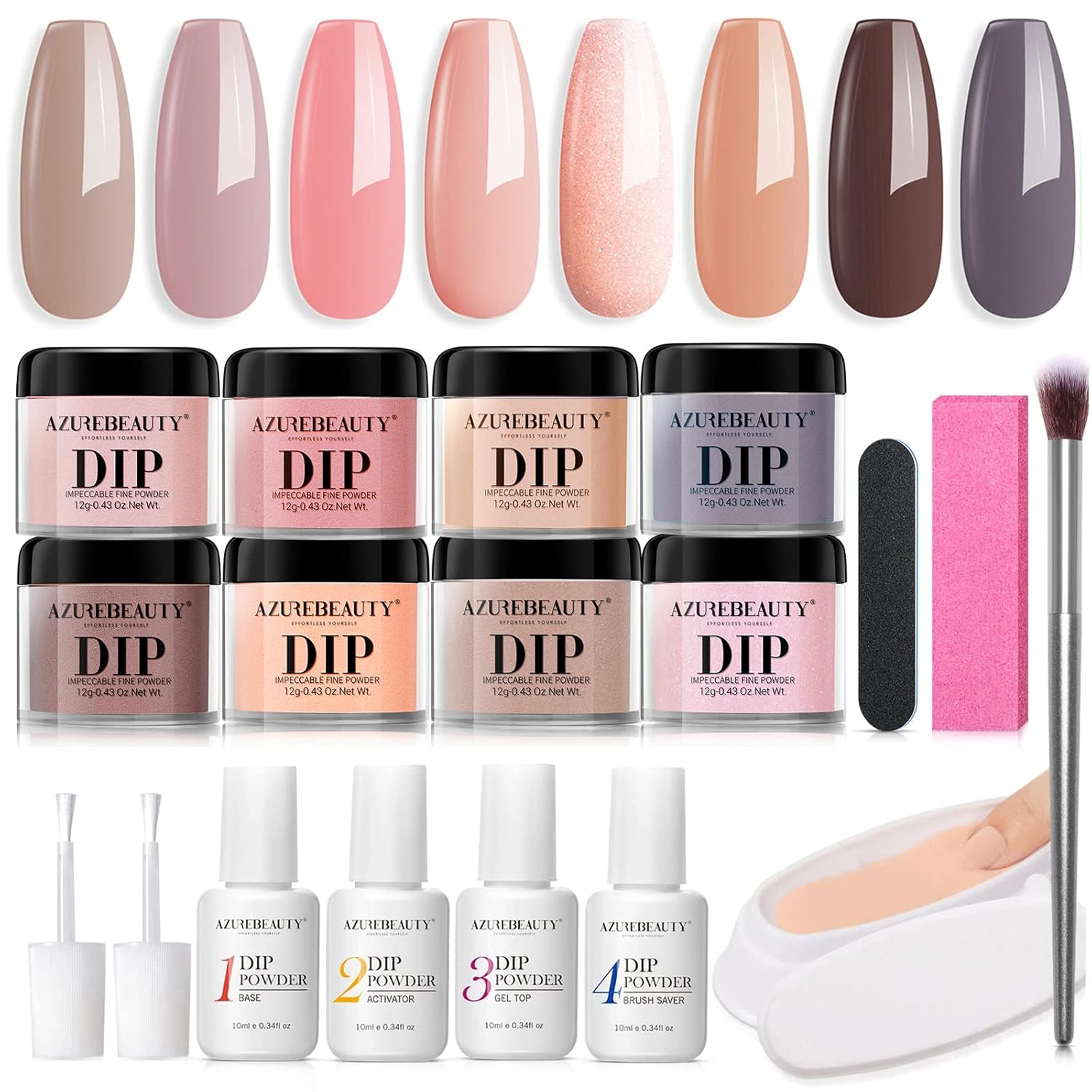 AZUREBEAUTY – Kit de iniciación de polvo de inmersión para uñas, 8colores, tonos de piel marrón natural, rosa neutro, profesional, bandeja con