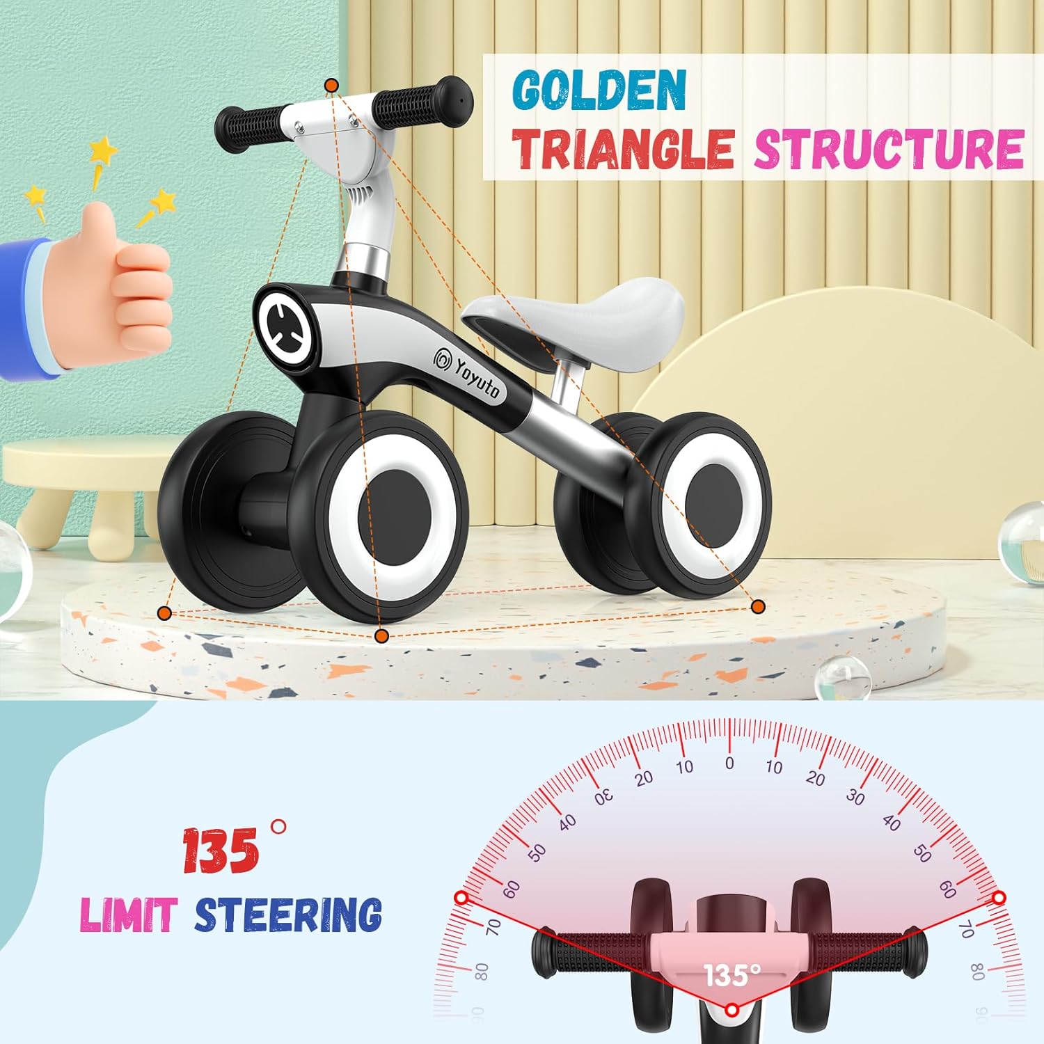 Yoyuto Bicicleta de equilibrio para bebés de 1 año, niños y niñas de 12 a 36 meses, 4 ruedas de silencio, asiento suave, juguetes de primera