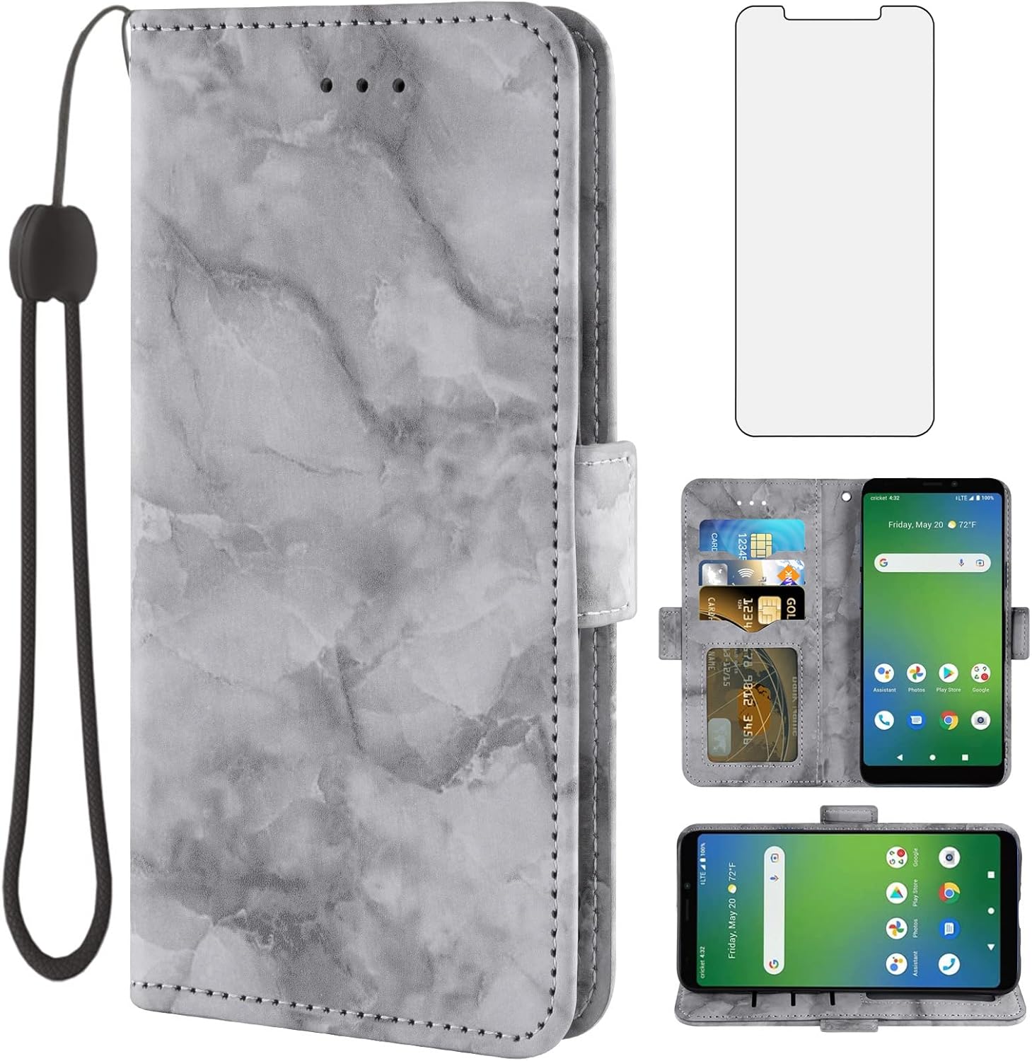 Asuwish Funda para teléfono Cricket Vision Plus 2022 con protector de pantalla de vidrio templado y funda tipo cartera de mármol, soporte para