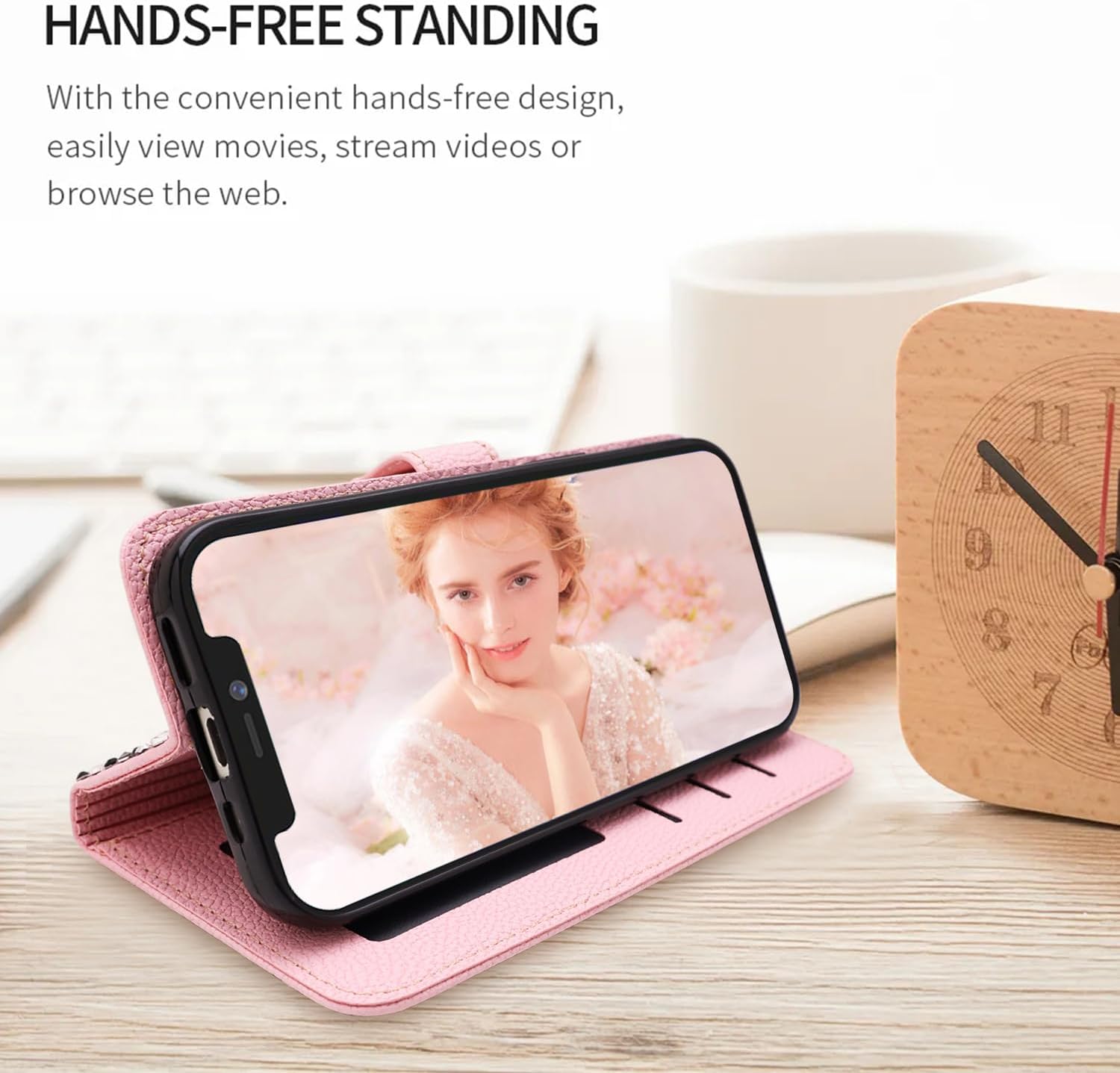 FLYEE Funda tipo cartera de cristal hecha a mano compatible con iPhone 15 (6.1 pulgadas, 2023), bonita funda versátil y brillante para mujer con