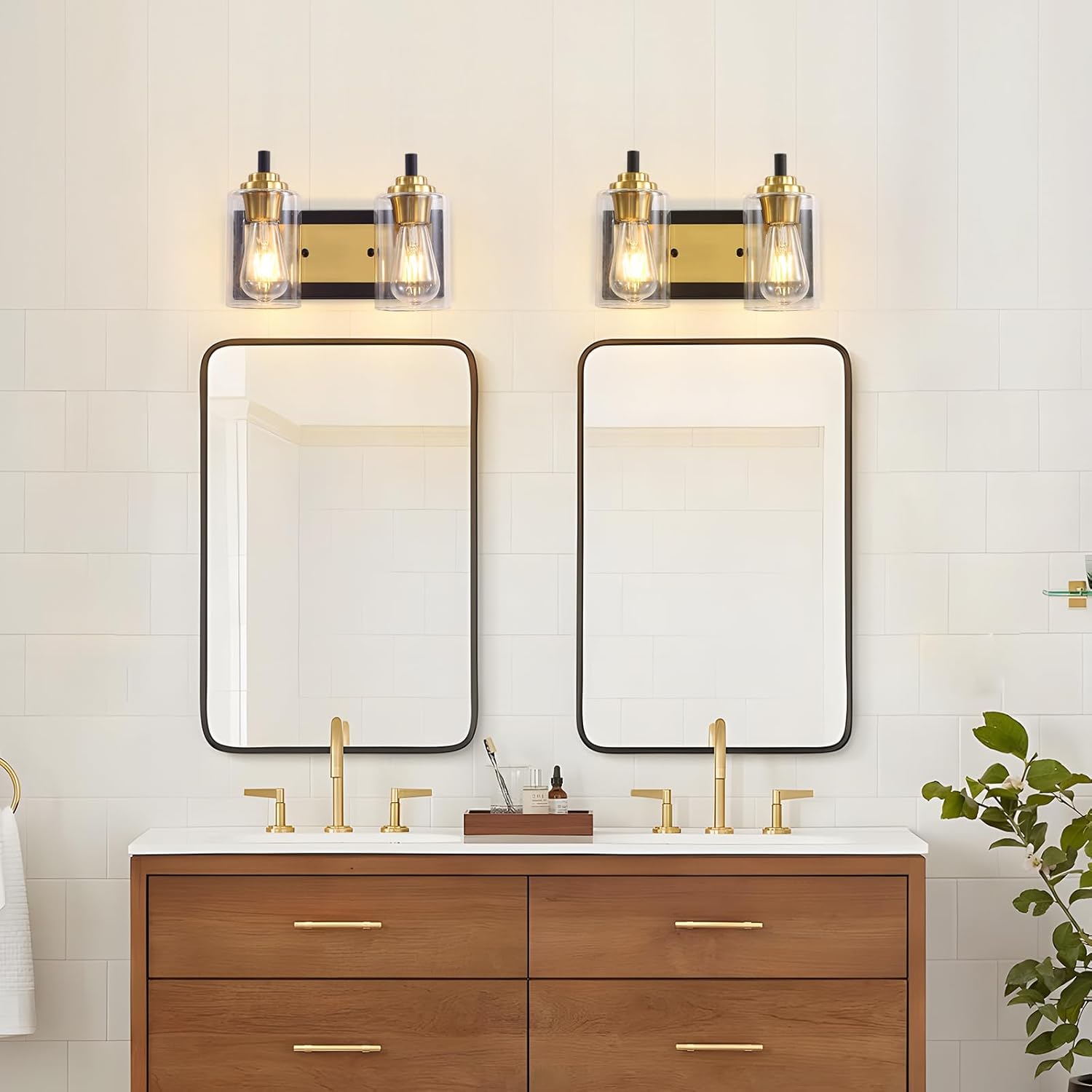 2 lámparas de tocador de baño, modernas luces negras y doradas, lámparas de baño sobre espejo con pantalla de vidrio transparente, apliques de pared