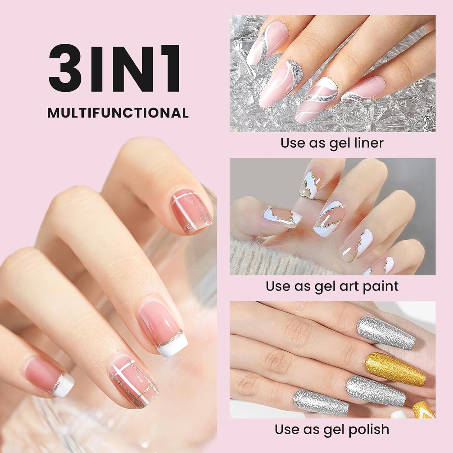 Juego de 4 esmaltes de gel para arte de uñas, colores negro, blanco, dorado, plateado, purpurina, forros de esmalte de uñas de gel con pincel fino