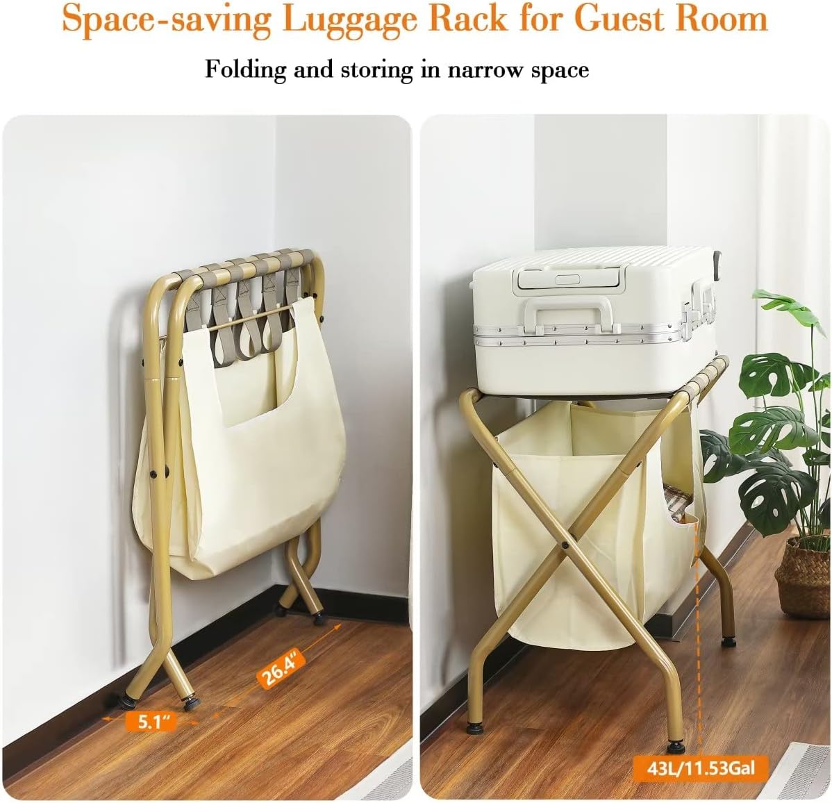 ELYKEN Paquete de 2 portaequipajes con bolsa de lavandería, soporte plegable para maleta de ahorro de espacio para habitación de huéspedes, estante