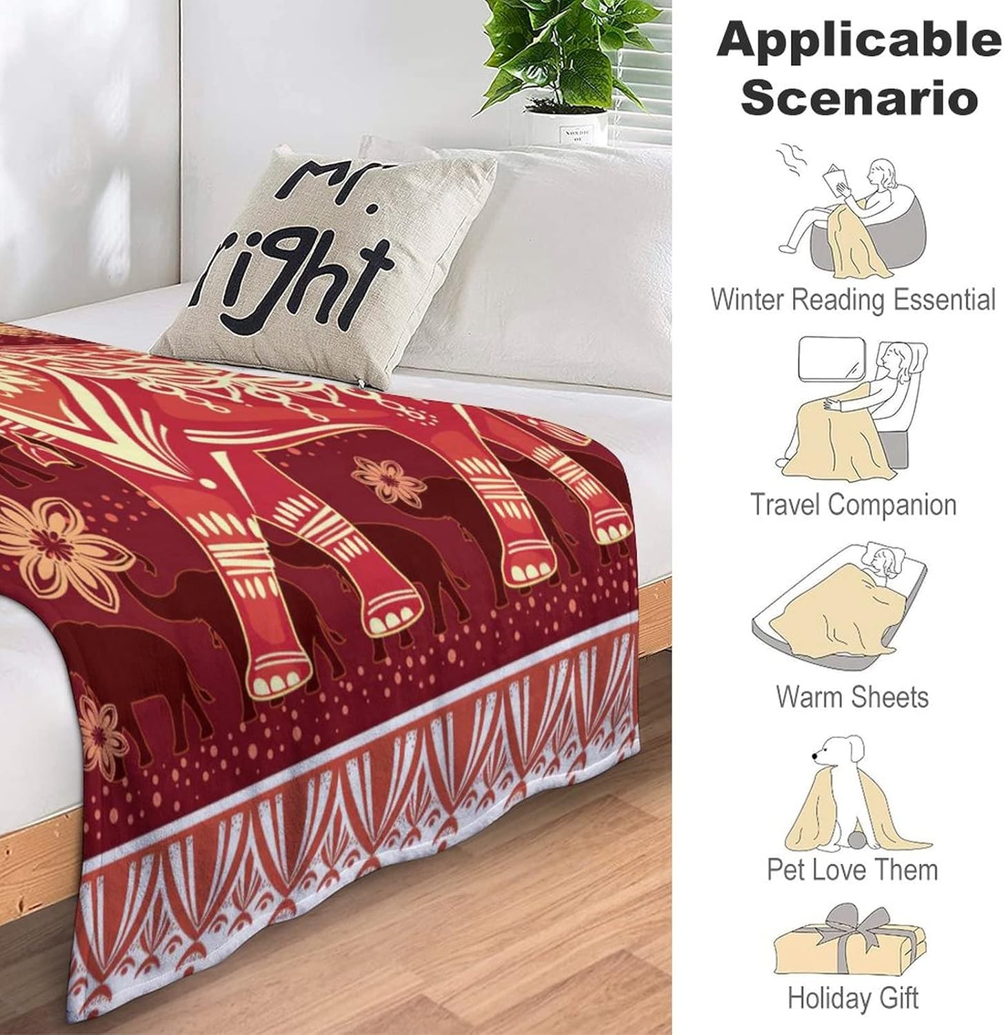 Manta de elefante para mujer, decoración de elefante, manta roja para sofá, manta de franela de forro polar súper cálida y suave y ligera, manta de
