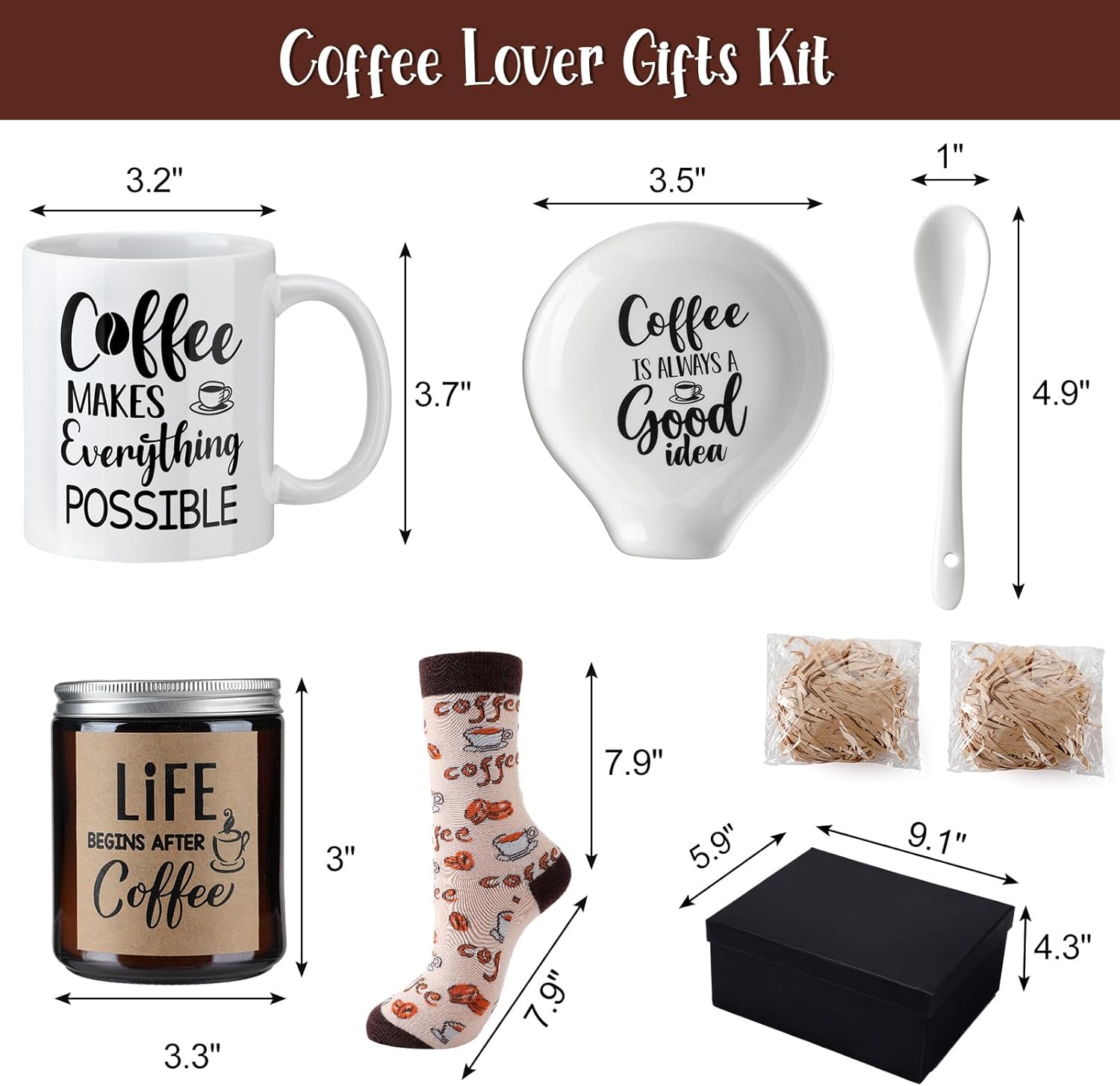 Juego de regalo de 5 piezas para amantes del café, incluye taza de café y soporte para cuchara, velas temáticas de café, calcetines de café, caja de