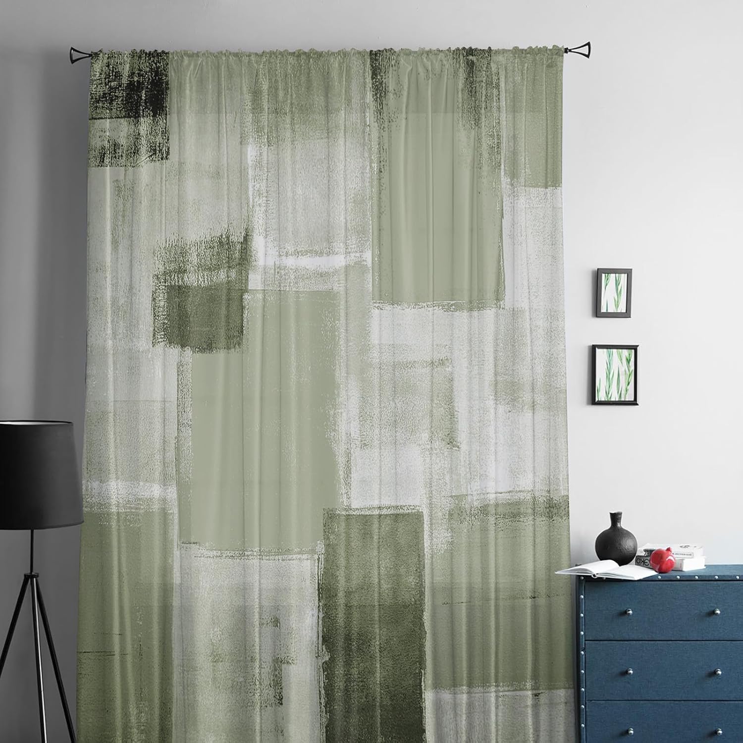 Sage Green Geometric Window Curtains 63 Inches Long,Semi Sheer Rod Pocket Chiffon Curtains & Drapes Drapery Voile Draperies Window Treatment for
