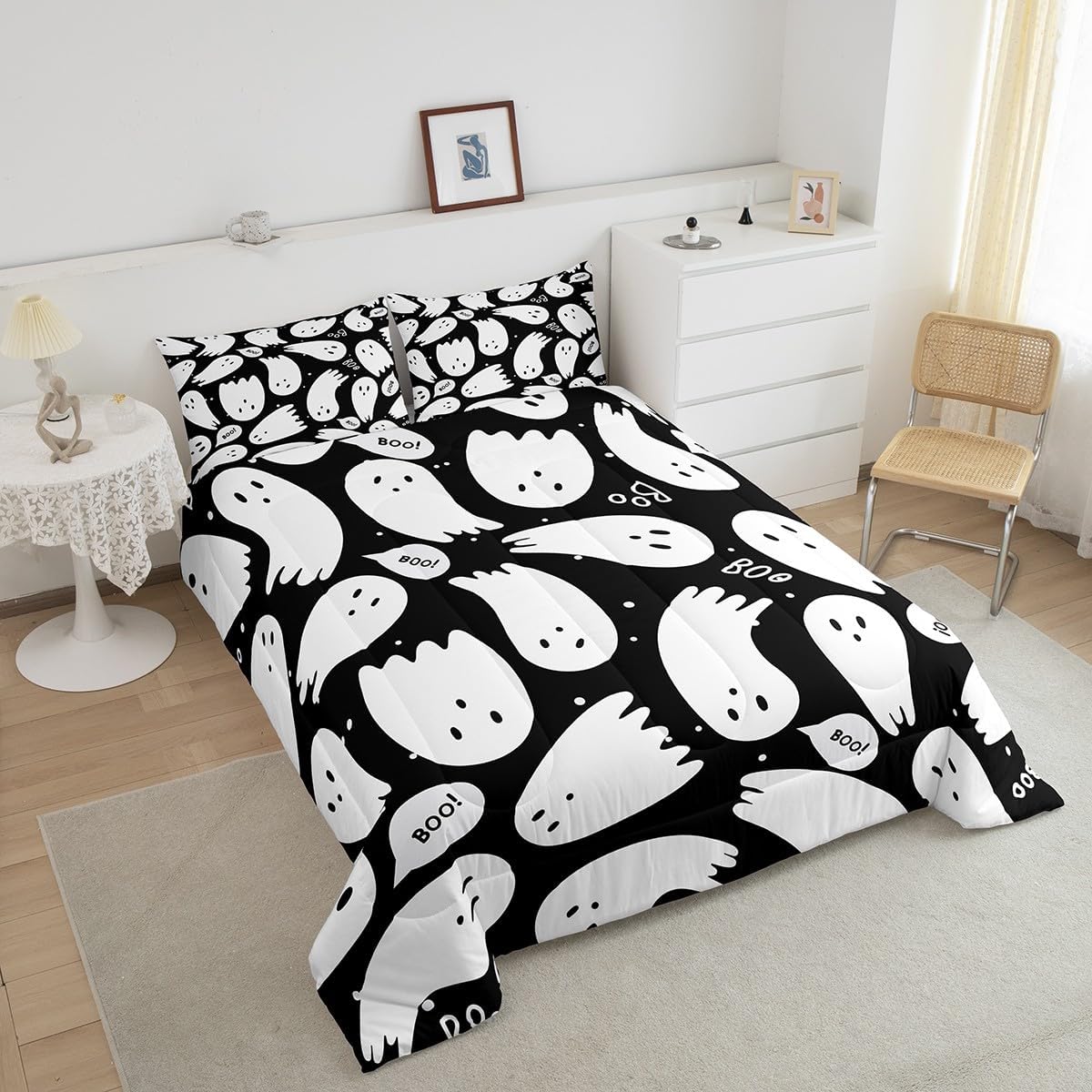Juego de ropa de cama de Halloween, tamaño matrimonial, juego de edredón de fantasmas de dibujos animados para niños y niñas, lindo edredón kawaii