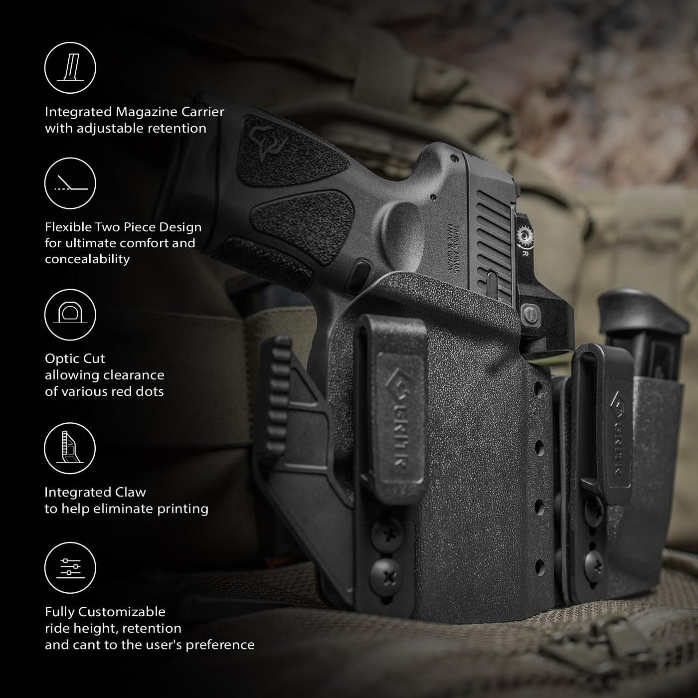 GRITR IWB Appendix Carry Kydex RightLeft Hand Gun Holster Compatible with Taurus G2cG2sG3cG3x wMagazine Holder, Optic Cut, Open Bottom, Adjustable