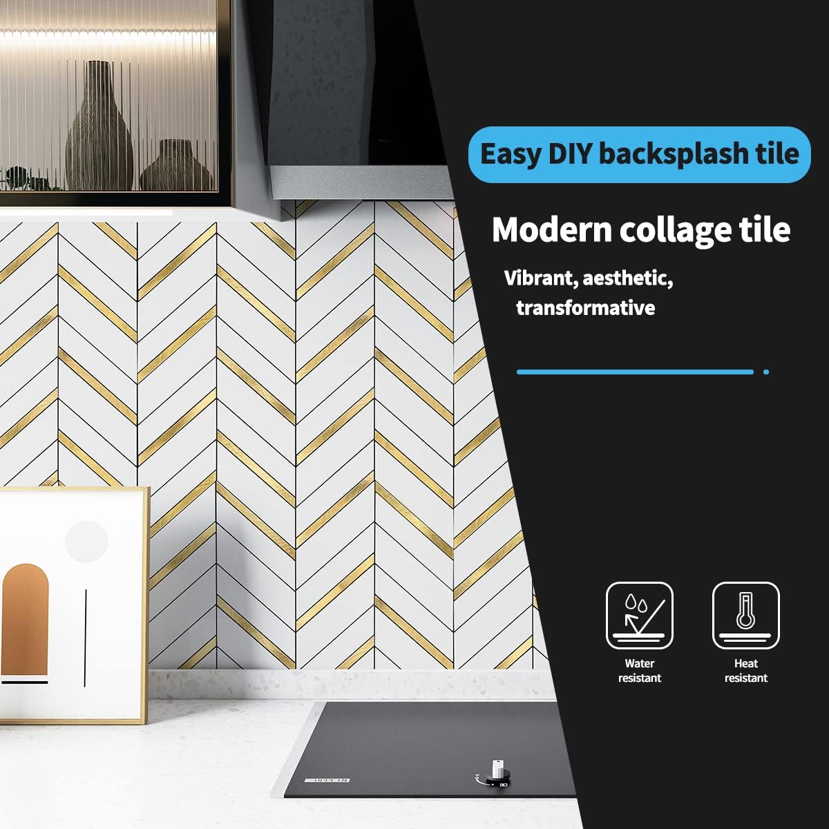 Art3d 1 hoja de espiga para despegar y pegar, azulejos de mármol autoadhesivos para azulejos de pared para cocina, baño. (metal dorado mezclado