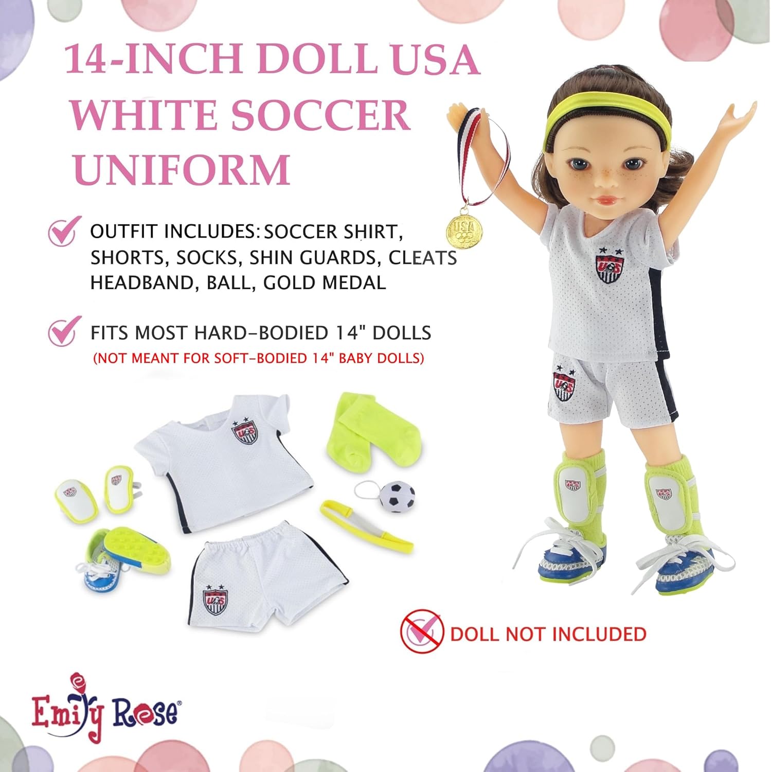 Emily Rose Ropa de muñeca de 14 pulgadas  Uniforme deportivo de fútbol de muñeca de 14 pulgadas de EE. UU., incluye zapatos y accesorios, caja de