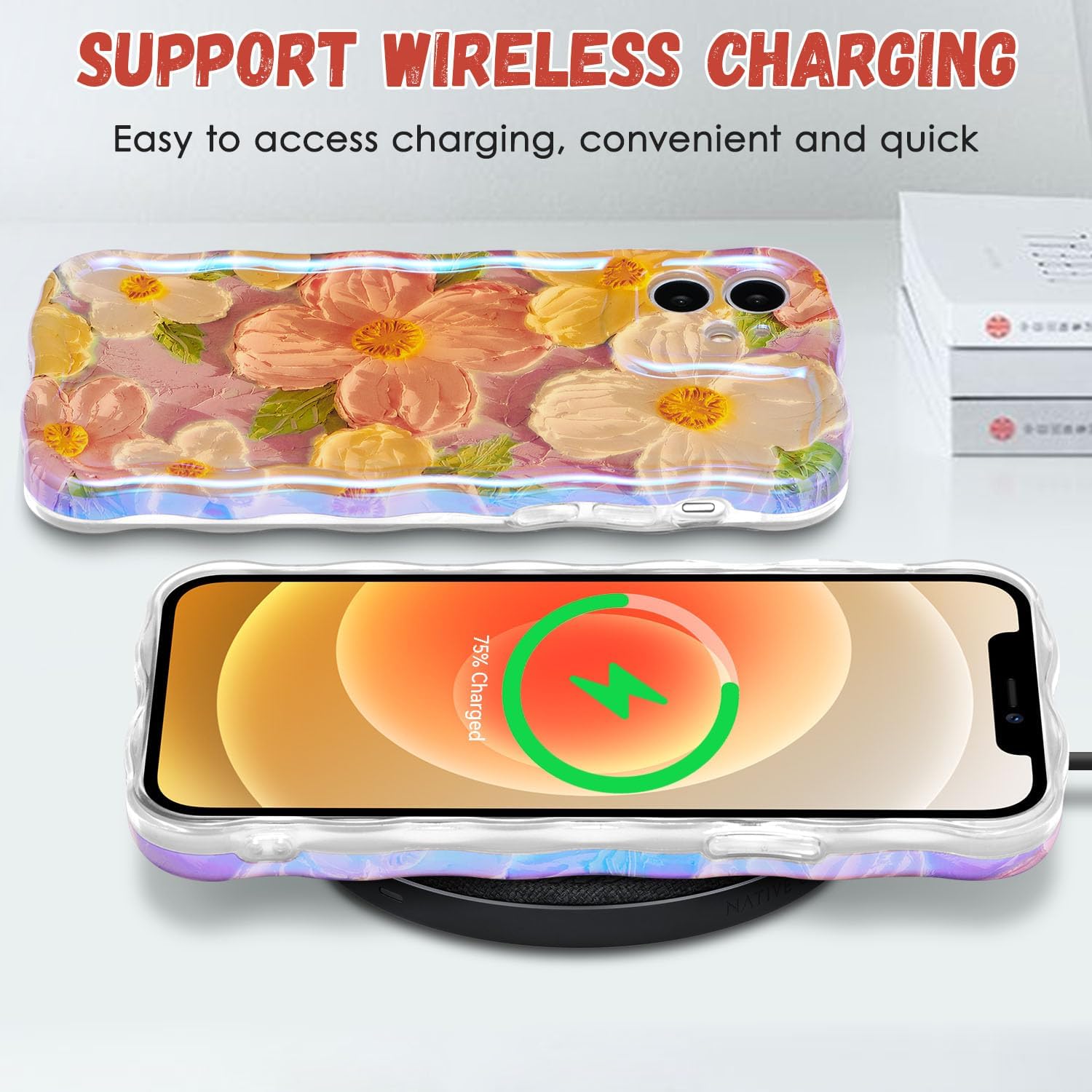 QLTYPRI Funda para iPhone 11, Colorido Láser Retro Pintura Al óleo Patrón De Flores Lindo Marco De Onda Rizada Exquisita Caja Del Teléfono Para