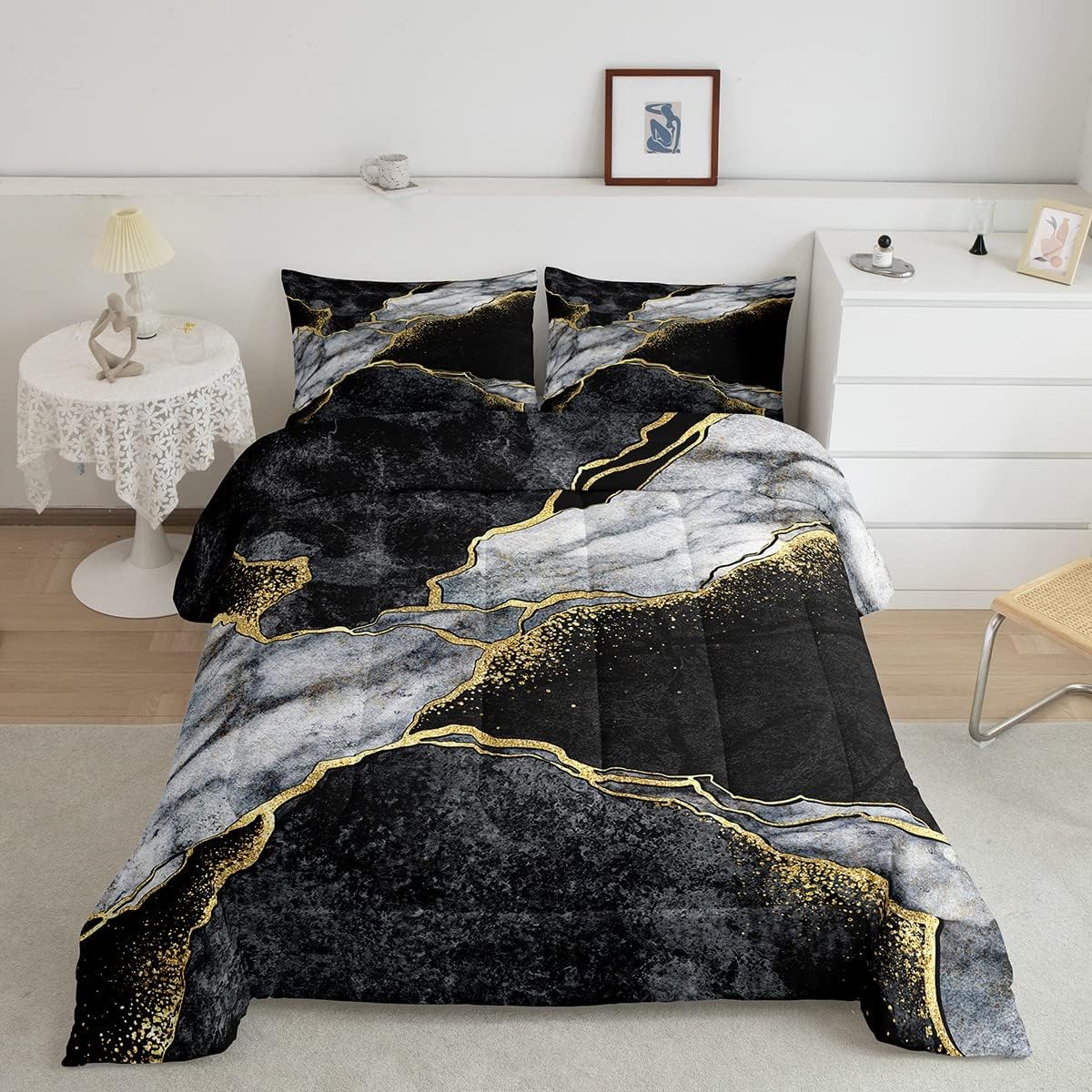 Juego de edredón de mármol negro, edredón de plumón de mármol metálico dorado para niños, adolescentes y adultos, juego de ropa de cama con textura