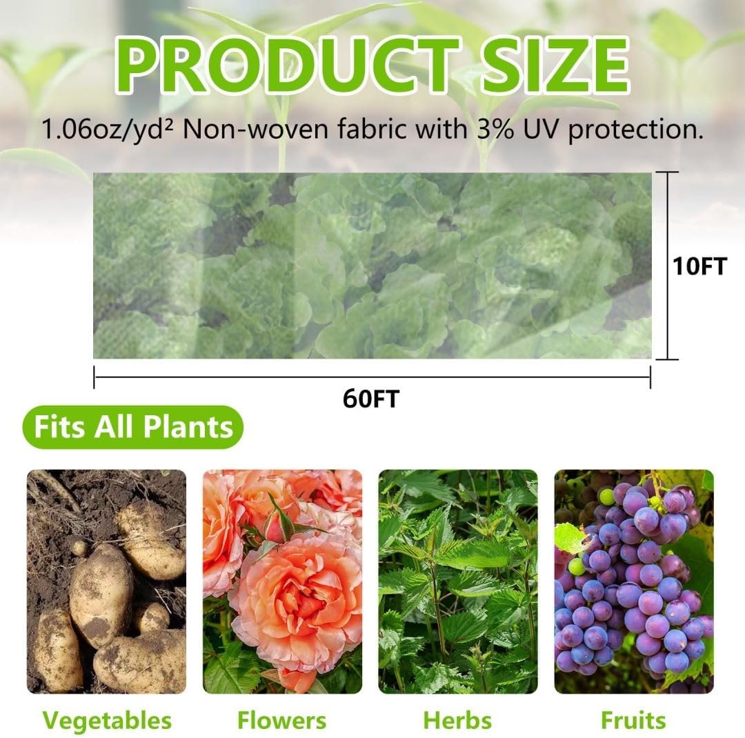 Cubierta de plantas de 10 x 60 pies, protección contra congelación, 1.06 ozyd, cubiertas flotantes de invierno para jardín, cama elevada, manta de