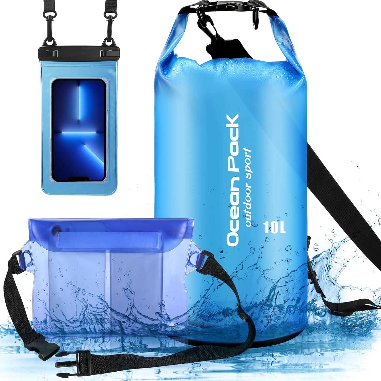 VZZNN Juego de 3 bolsas secas impermeables  Saco seco ligero de 10 litros con bolsa impermeable para la cintura y funda para teléfono, bolsa de