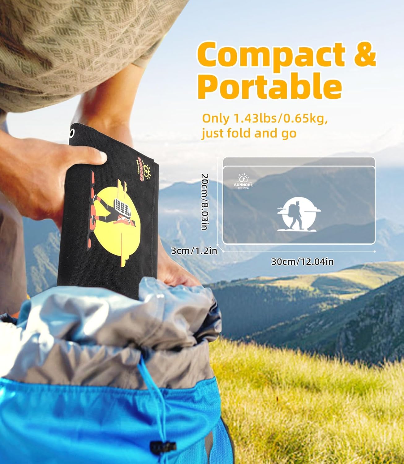 Panel solar portátil SUNNOBE con cable 3 en 1, cargador de panel solar plegable de 30 W con amperímetro digital para campamento y senderismo,