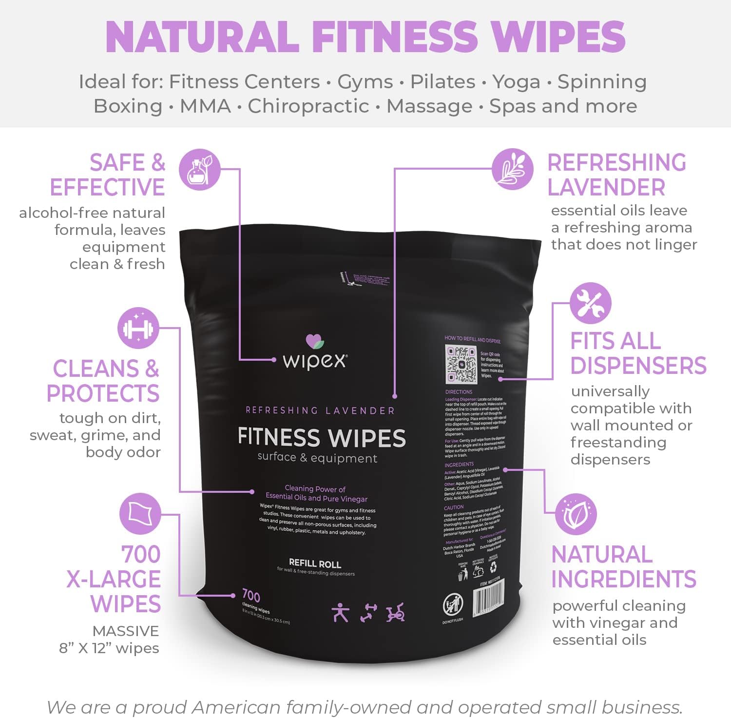 Wipex Toallitas de gimnasio, 700 unidades, toallitas grandes de 8 x 12 pulgadas con vinagre de limpieza y aceite esencial de lavanda refrescante