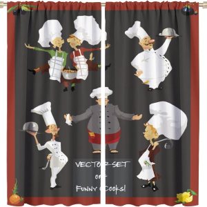 Cortinas de cocina con diseño de sombrero blanco de dibujos animados, diseño de chef vintage, cortinas opacas decorativas, 2 paneles de 42 pulgadas Cortinas de cocina con diseño de sombrero blanco de dibujos animados, diseño de chef vintage, cortinas opacas decorativas, 2 paneles de 42 pulgadas
