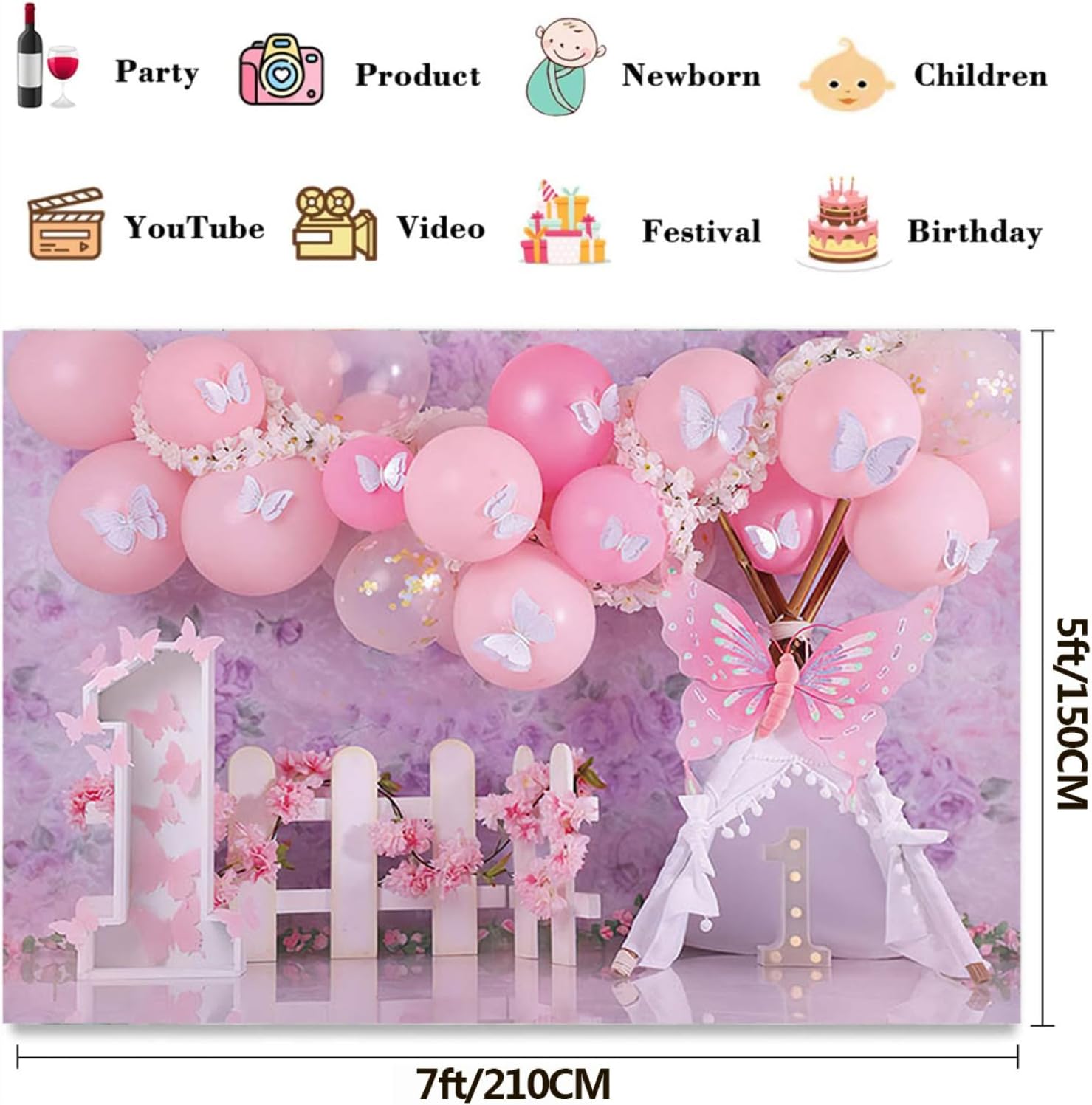 Fondo de fotografía floral de jardín con globos rosados, diseño de mariposas y flores, para el primer cumpleaños de las niñas, con texto en inglés