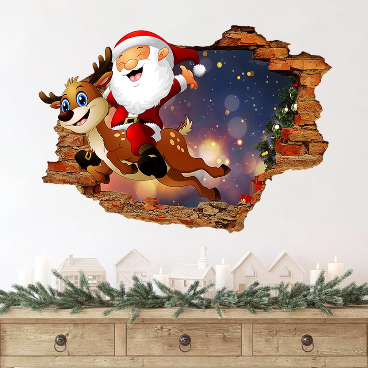 GGBOY Calcomanías de pared de Navidad 3D, calcomanías de pared de Navidad de renos de Papá Noel, removibles, calcomanías de pared de Navidad para