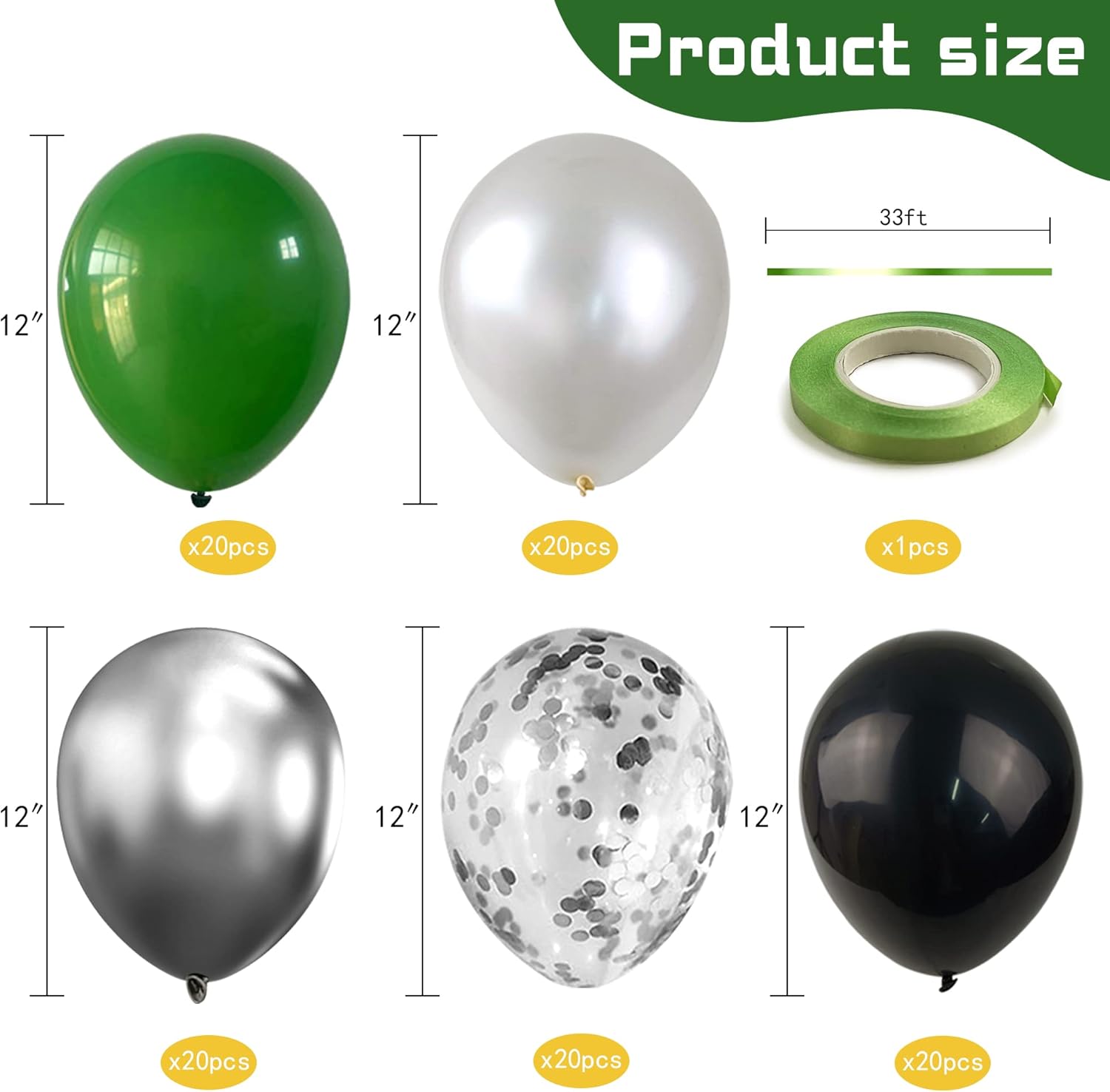 100 globos de color verde, plateado, negro y blanco, cromados, metálicos y globos de confeti para decoraciones de graduación, cumpleaños, baby