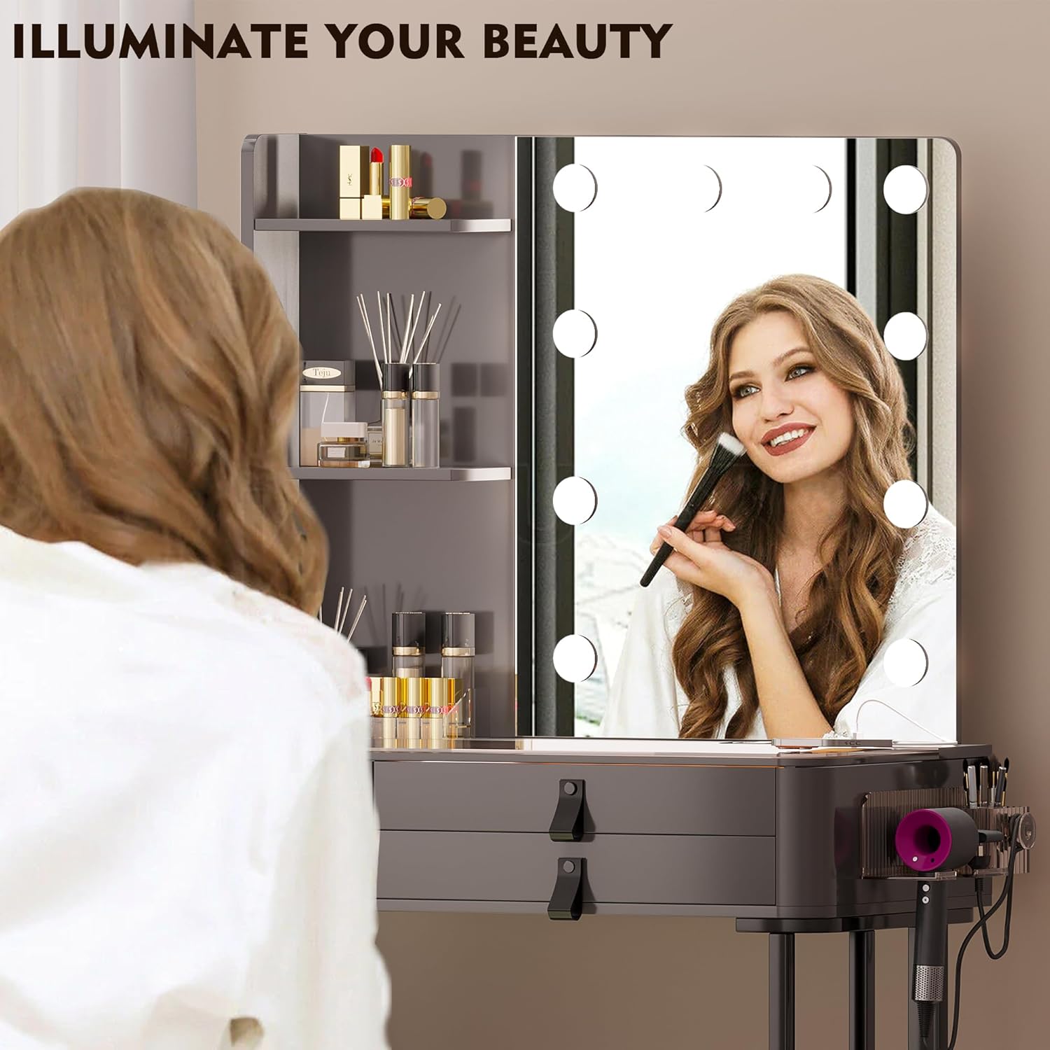 Gurexl Juego de tocador de maquillaje con espejo, tocador de maquillaje moderno con parte superior de vidrio y 10 bombillas, juego de tocador con