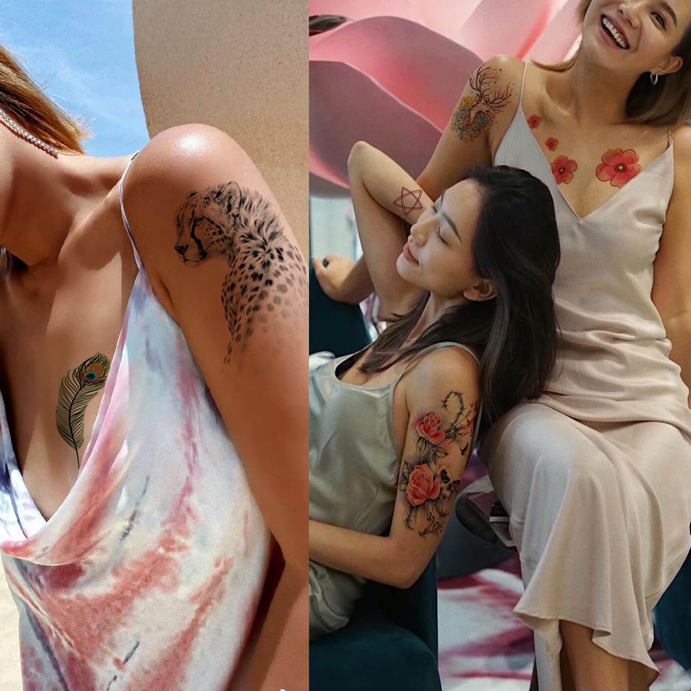 12 hojas PadOUN grandes flores cráneo temporal tatuaje manga para mujeres, 8 hojas realistas brazo completo tatuajes manga y 4 hojas medio brazo