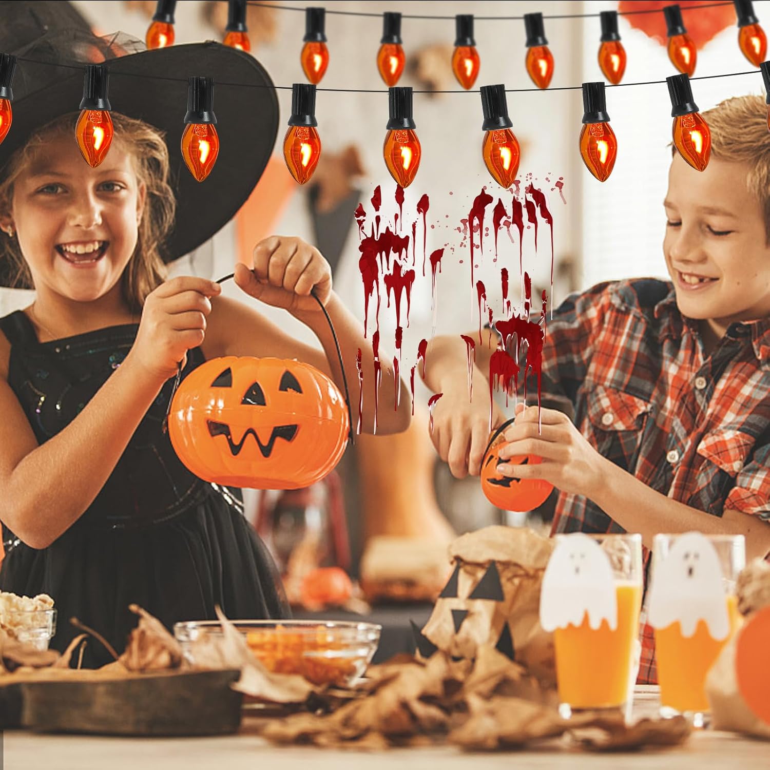 Tira de luces de llama parpadeante, 25 pies C7 naranja de Halloween, luces de llama parpadeante naranja para decoración de exteriores e interiores,