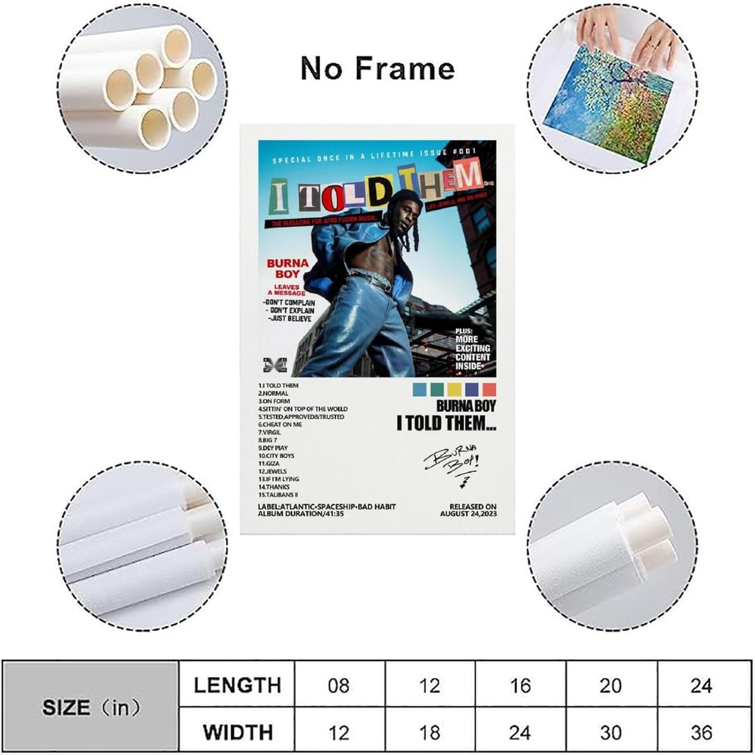 MOMYO Burna Boy – Póster con texto en inglés “I Told Them”, póster para habitación, estético, lienzo para pared, decoración de dormitorio, 12 x 18