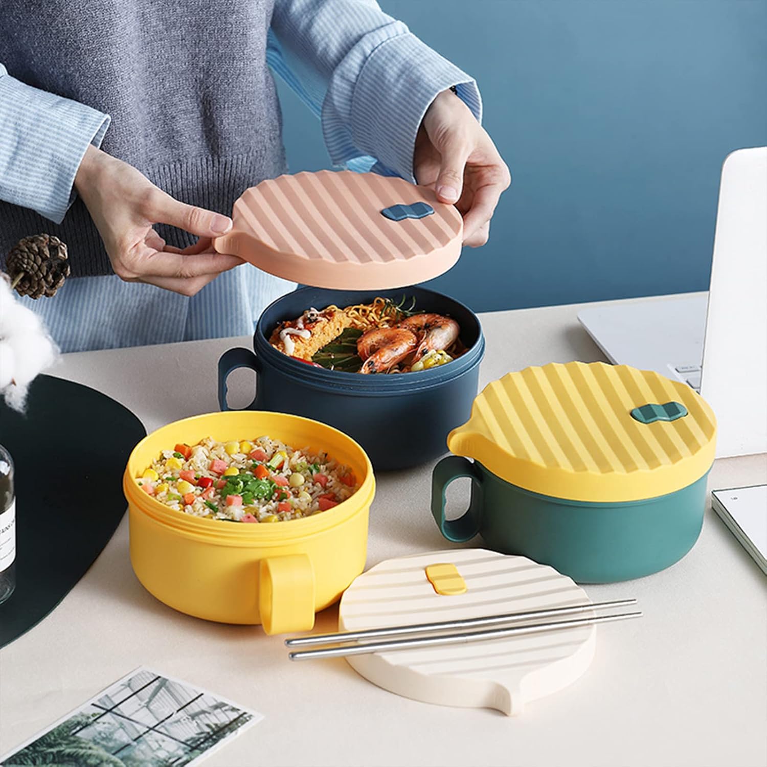 Tazón de ramen para microondas con asas, cuencos para fideos con tapa y palillos, apto para lavavajillas, para hogar, oficina, universidad,