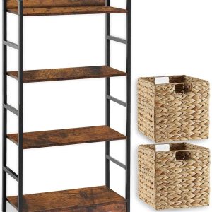 Vagusicc Estantería de 4 niveles con 2 cestas de almacenamiento, estante alto organizador de almacenamiento de madera, estantes modernos con marco Vagusicc Estantería de 4 niveles con 2 cestas de almacenamiento, estante alto organizador de almacenamiento de madera, estantes modernos con marco