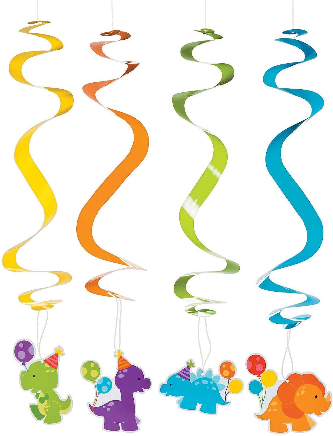 Fun Express – Pequeños remolinos colgantes de dinosaurio para cumpleaños – Decoración de fiesta – Decoración colgante – Espirales y remolinos –