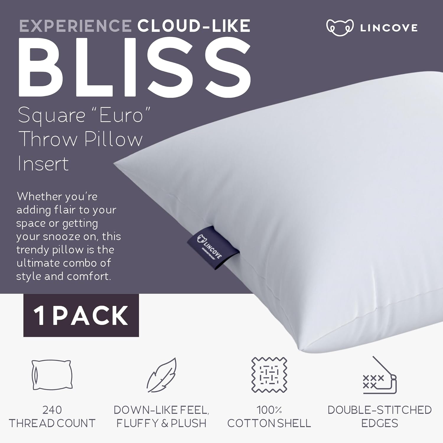 Lincove Euro – Almohada cuadrada de 18 x 18 pulgadas, fabricada en Canadá, funda 100% algodón, relleno alternativo al plumón, apto para veganos,