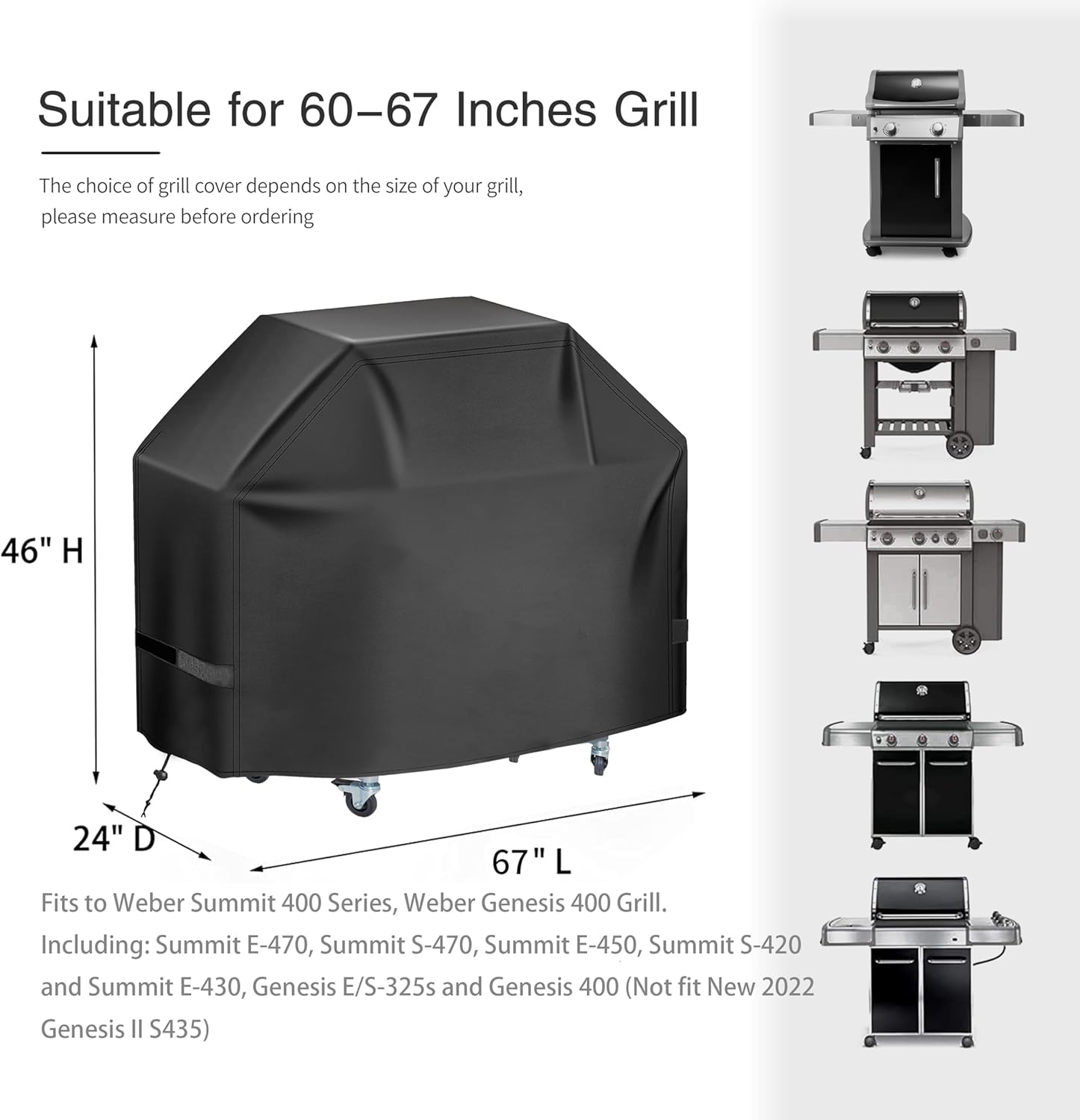Funda para parrilla, 67 pulgadas, impermeable, material anti-UV con correas elásticas de velcro y cuerda de dobladillo ajustable para Weber