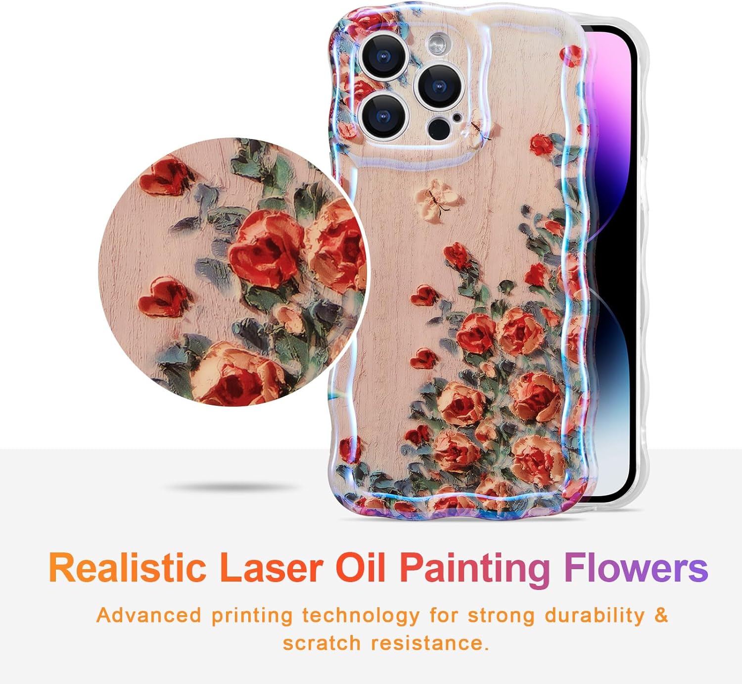 EYZUTAK Funda para iPhone 12 Pro Max, colorida pintura al óleo retro impresa flor patrón brillante láser lindo borde ondulado rizado exquisita