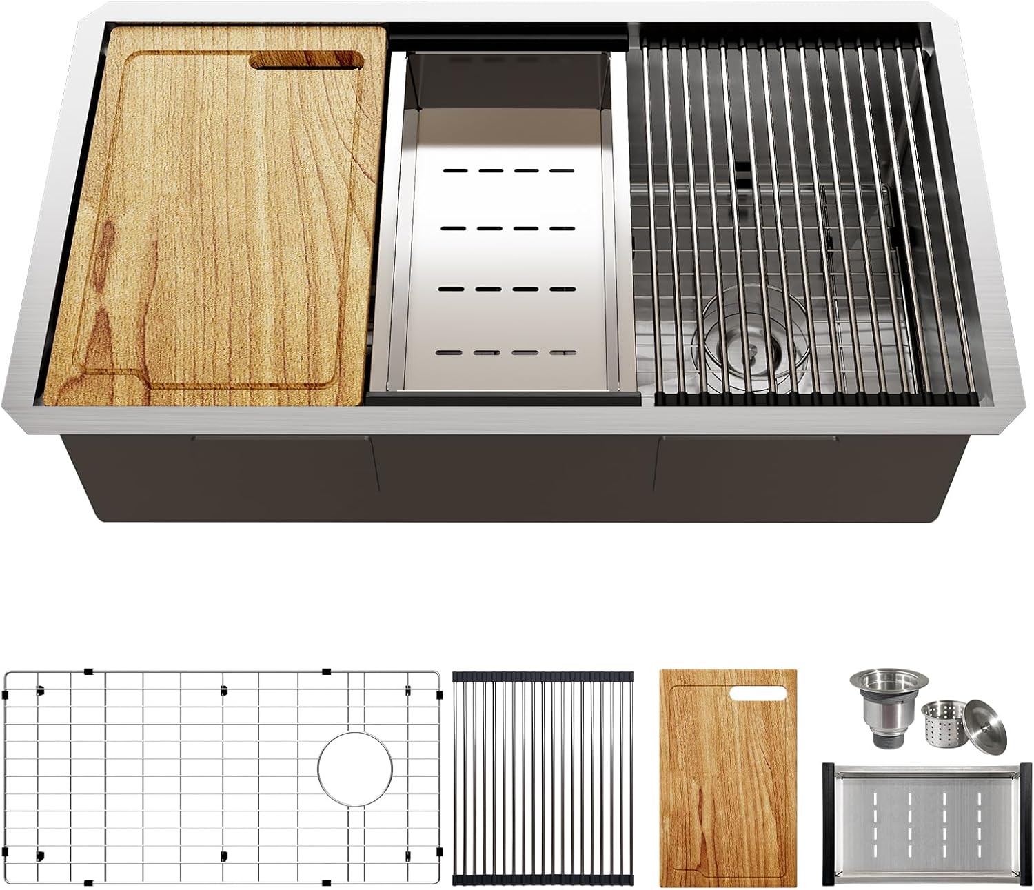 Fregadero de cocina con estación de trabajo de 32 pulgadas, cuenco individual profundo de montaje inferior, acero inoxidable con reborde integrado y