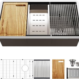 Fregadero de cocina con estación de trabajo de 32 pulgadas, cuenco individual profundo de montaje inferior, acero inoxidable con reborde integrado y Fregadero de cocina con estación de trabajo de 32 pulgadas, cuenco individual profundo de montaje inferior, acero inoxidable con reborde integrado y