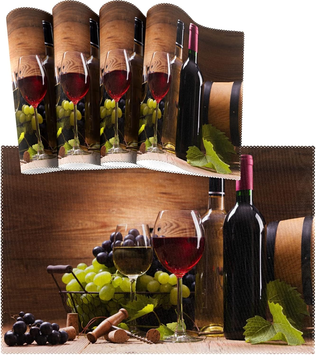 visesunny Juego de 4 manteles individuales con patrón de madera para copas de vino, uvas, manteles individuales antideslizantes para decoración de