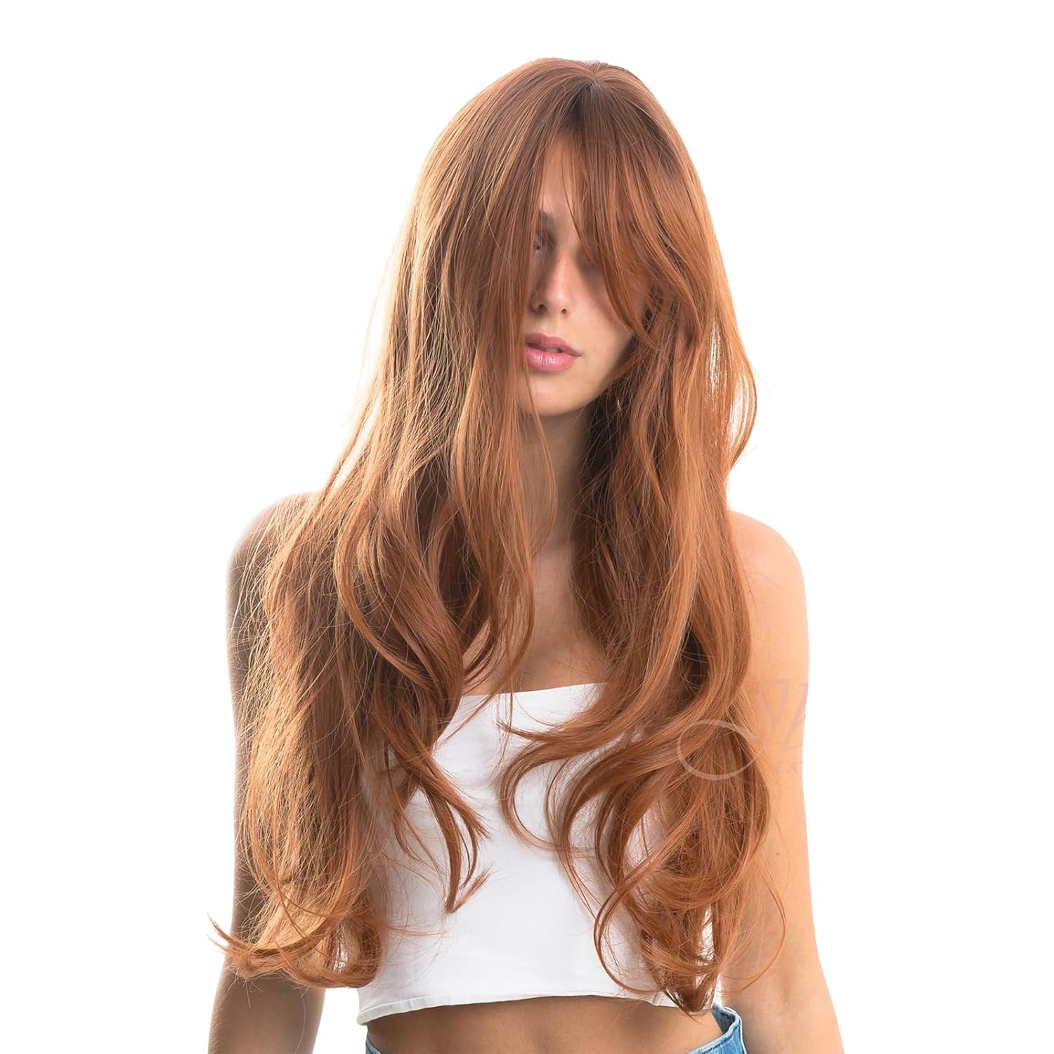 CICILIA – Peluca de cobre con flequillo en capas para usar y llevar, pelucas sin pegamento para mujer, pelucas sintéticas naturales largas y rizadas