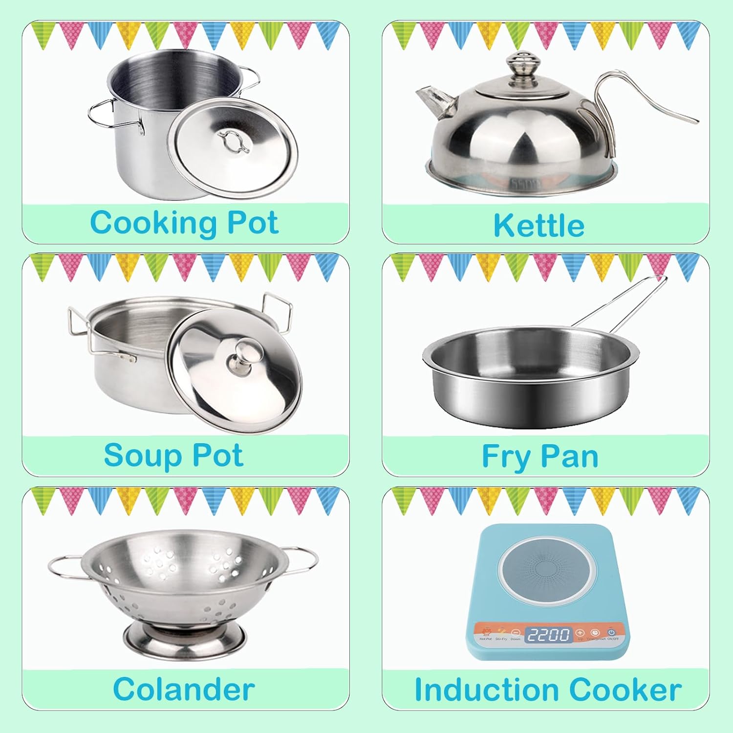 Holycco Juego de accesorios de cocina, juego de cocina para niños con ollas y sartenes de juego, juego de cocina de campamento, accesorios de cocina