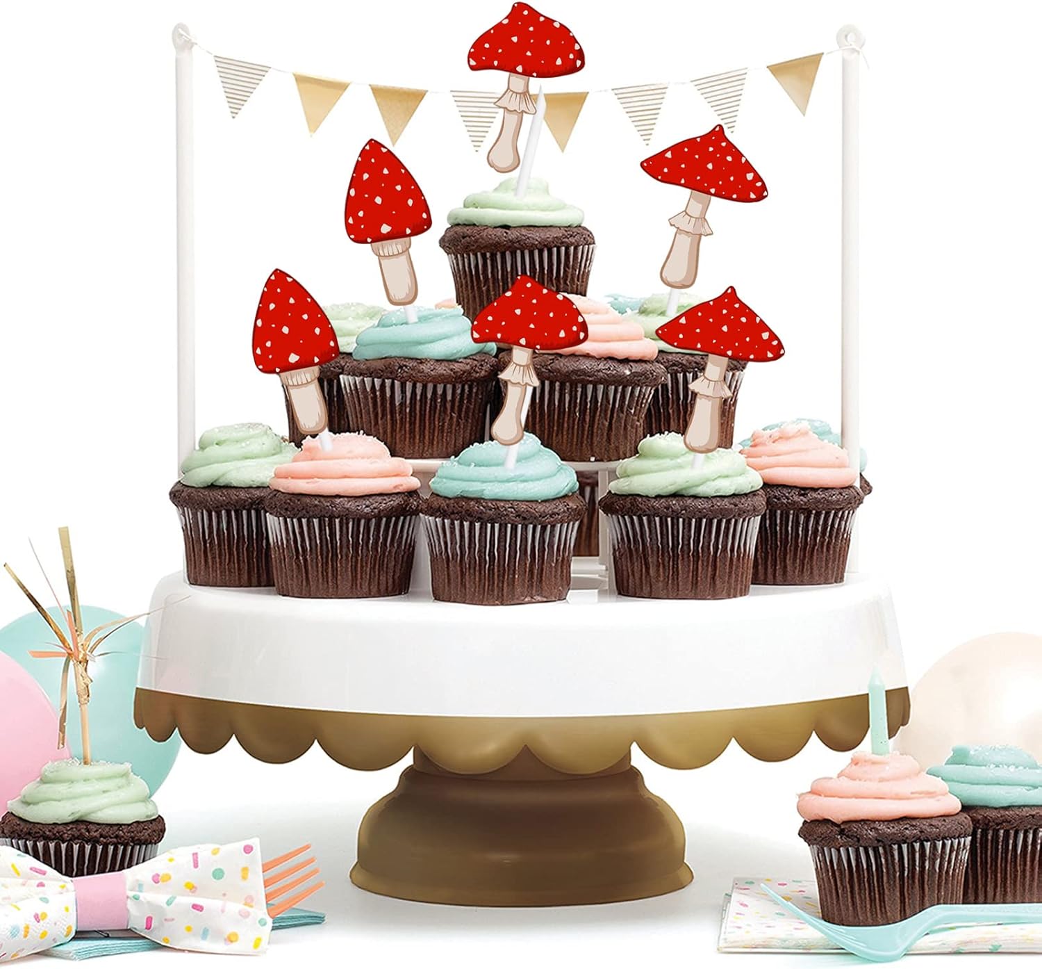 18 piezas de plantas de selva con purpurina roja para decoración de postre, decoración temática de animación a hongos, suministros de decoración