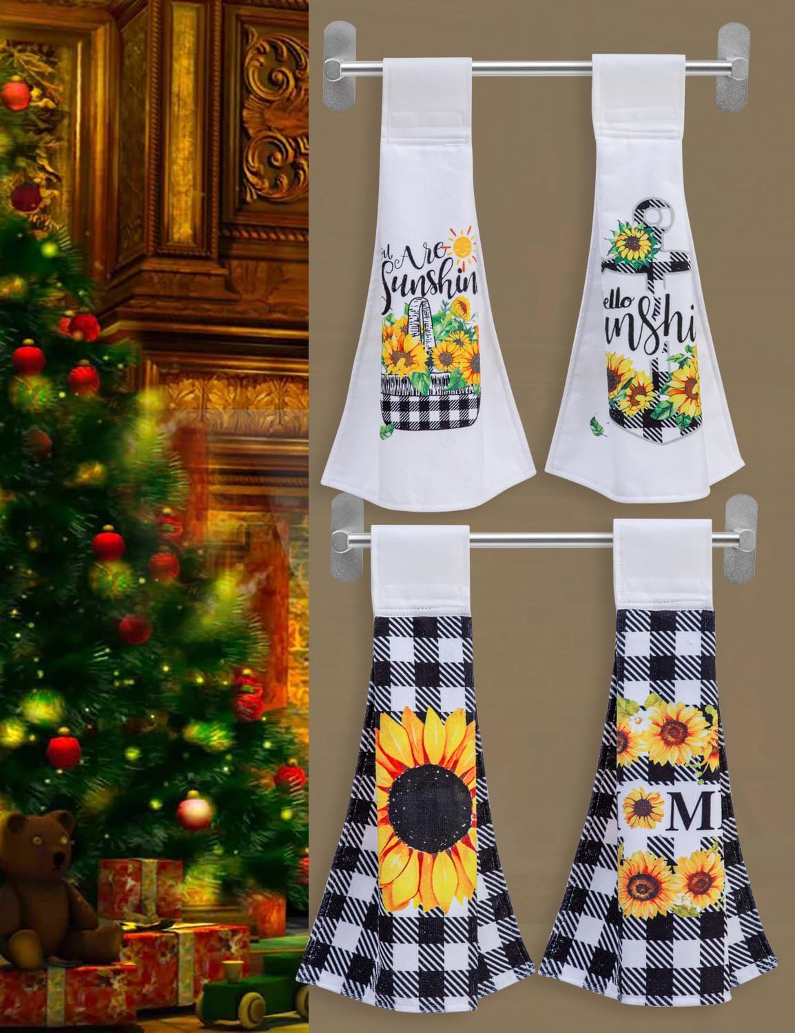 Mayler Yee Juego de 4 toallas de cocina colgantes con girasol y búfalo a cuadros, toallas de mano con velcro para cocina, baño, decoración de